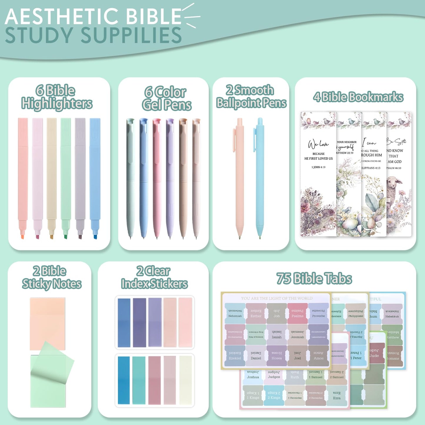 Bible Study Supplies Journaling Kit for Women, Bible Study Kit with 14 No Bleed Highlighters and Pens, 2 Transparent Sticky Notes, 2 Index Stickers, 75 Tabs for Christian Gifts