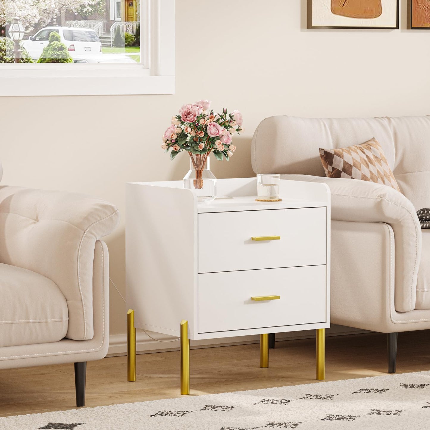 Vabches Nightstand Set of 2 with Built-in Charging Station, White Mid Century Modern Nightstand for Bedroom, Stylish End Tables for Lamps, Books