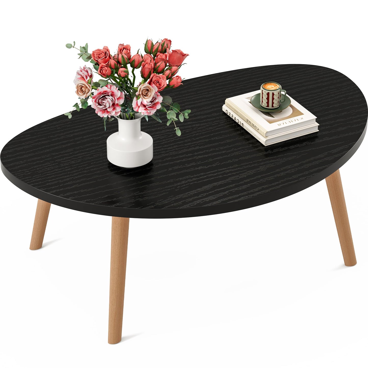 Coffee Table, 31.5“ Low Coffee Tables with Solid Wood Legs, Floor Table Desk for Sitting on The Floor, Easy Assembly Small Japanese Coffee Table for Living Room, Apartment, Office (Large Tri Black)