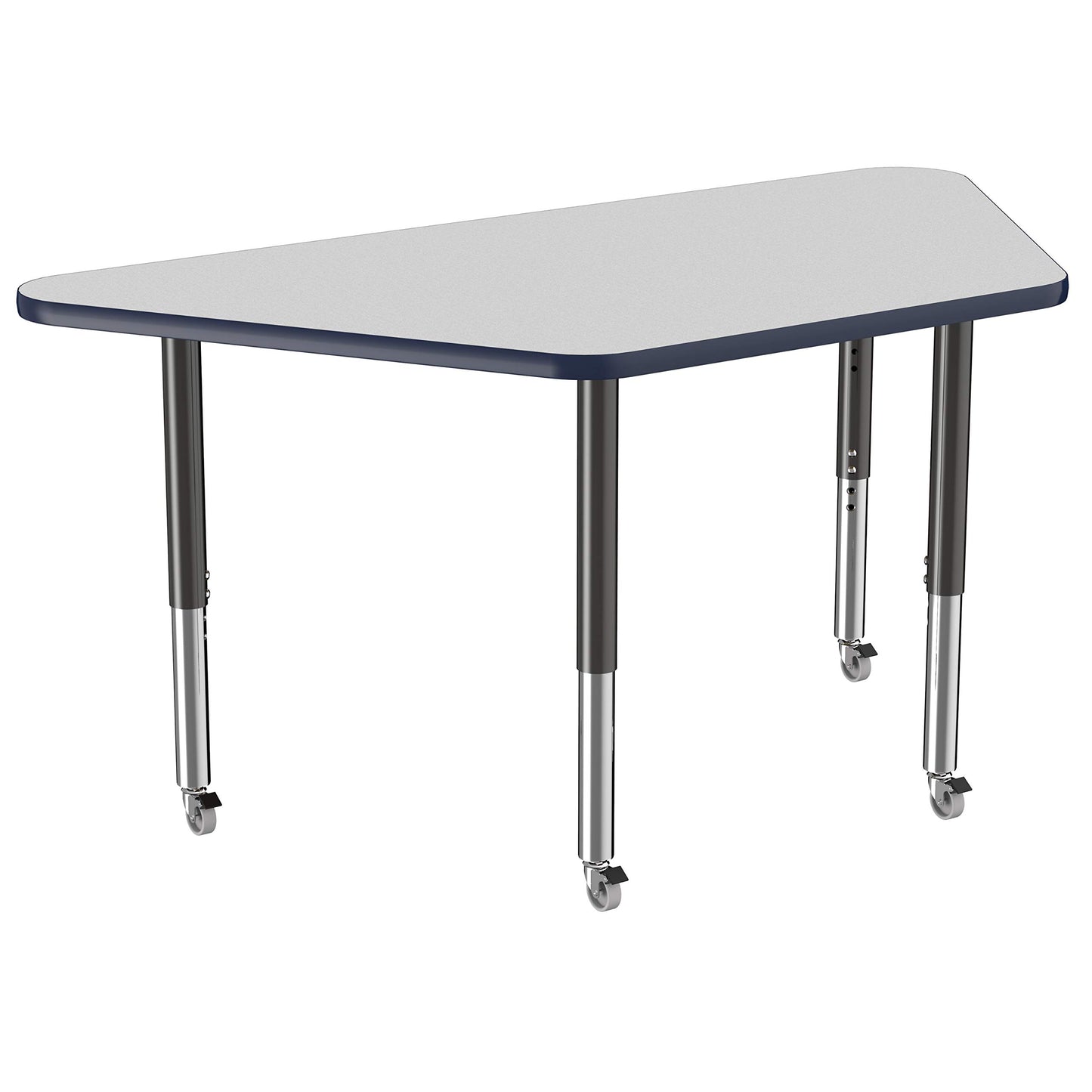 FDP Mobile Trapezoid Activity School and Office Table (30 x 60 inch), Super Legs with Glides and Casters for Collaborative Environments, Adjustable Height 19-30 inches - Gray Top and Navy Edge