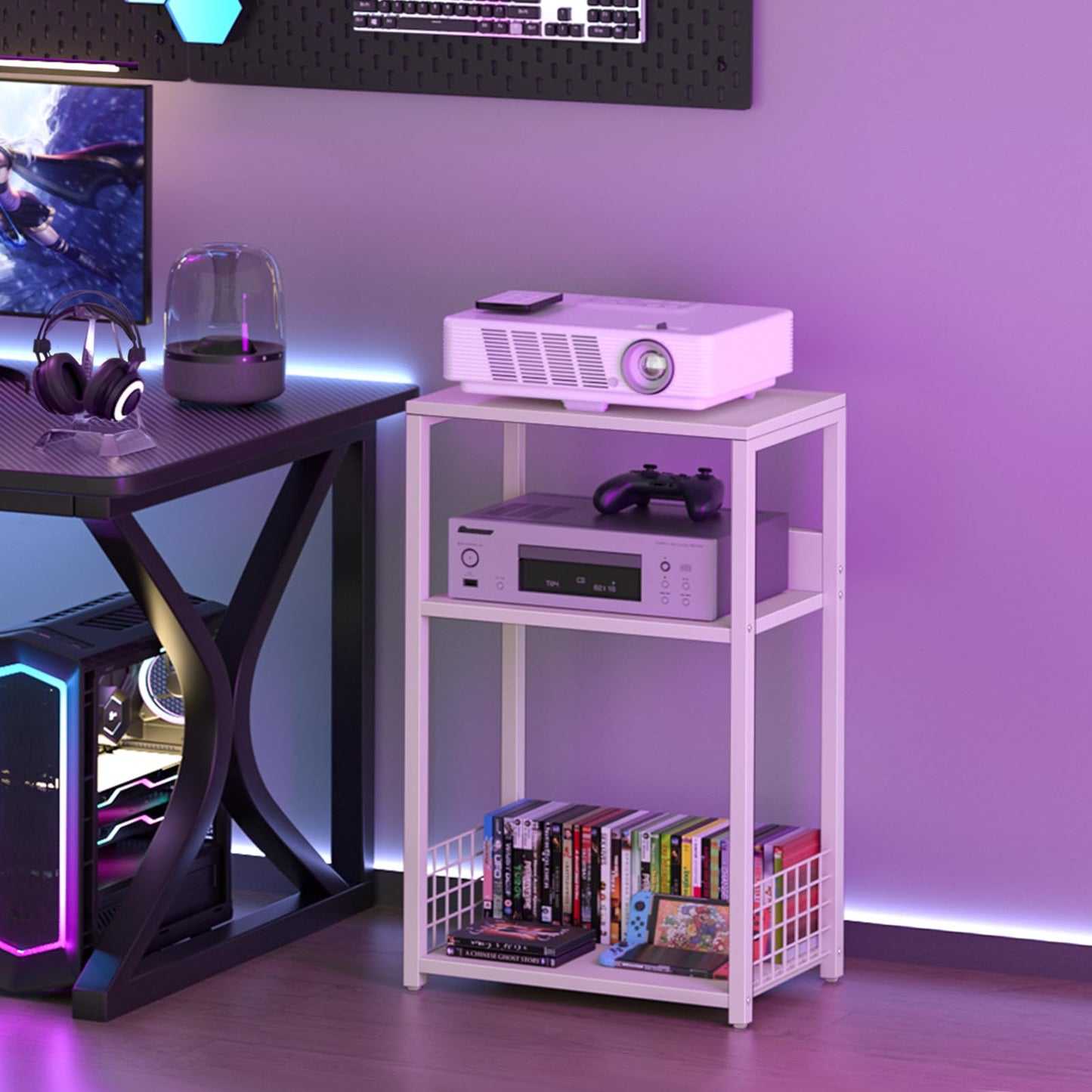 LELELINKY White Side Table,Small Printer Stand with Storage Shelf,3 Tier Industrial Bedside Tables,Vinyl Record Player Stand,Modern Sofa Night Stands for Living Room Bedroom Office Small Spaces
