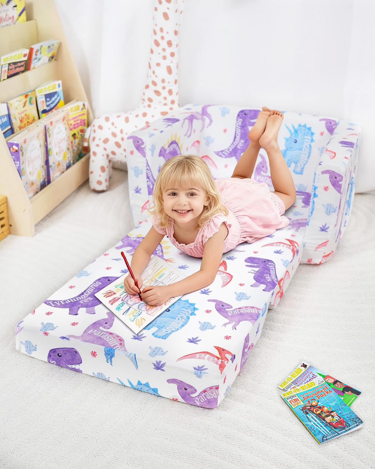 Beavtaens Kids Couch, 2-in-1 Kids Fold Out Couch, Convertible Sofa to Lounger for Girls and Boys, Soft Toddler Chairs Comfy 1-3 Years Old - White Dinosaur