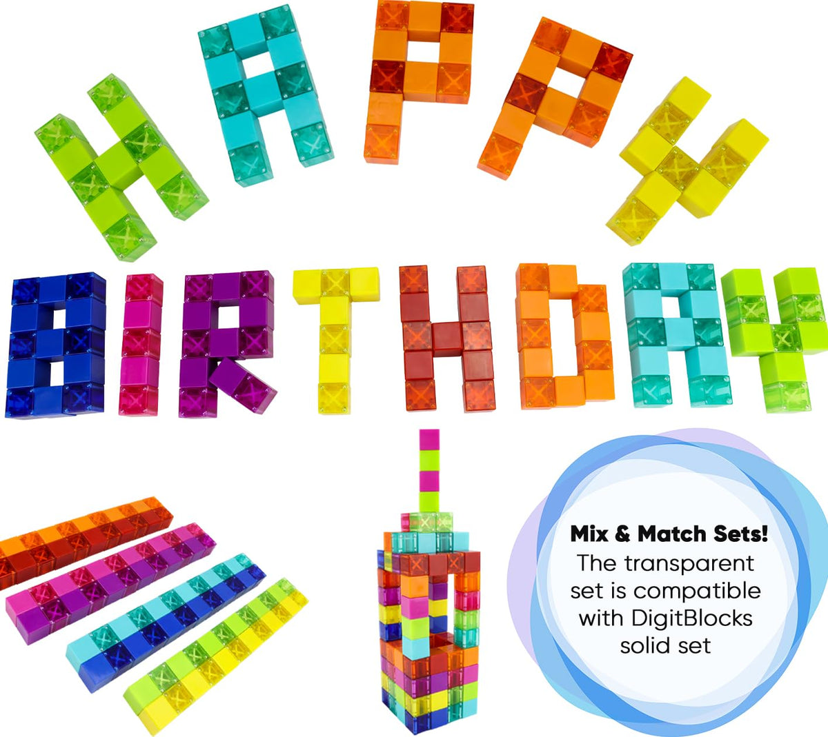 BrainSpark 48PCS Translucent Mulit-Color DigitBlocks Magnetic Building Blocks, Montessori Clear Magnet Cubes for Boys Girls Stacking Block Sets Ages 3-9