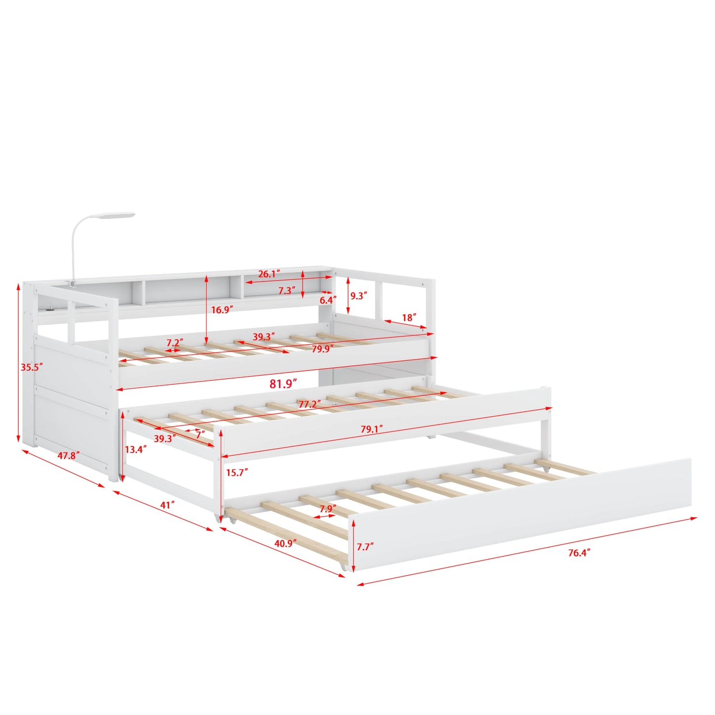 YunNianYang Twin XL Wood Daybed with 2 Trundles, 3 Storage Cubbies, 1 Light for Free and USB Charging Design (White)