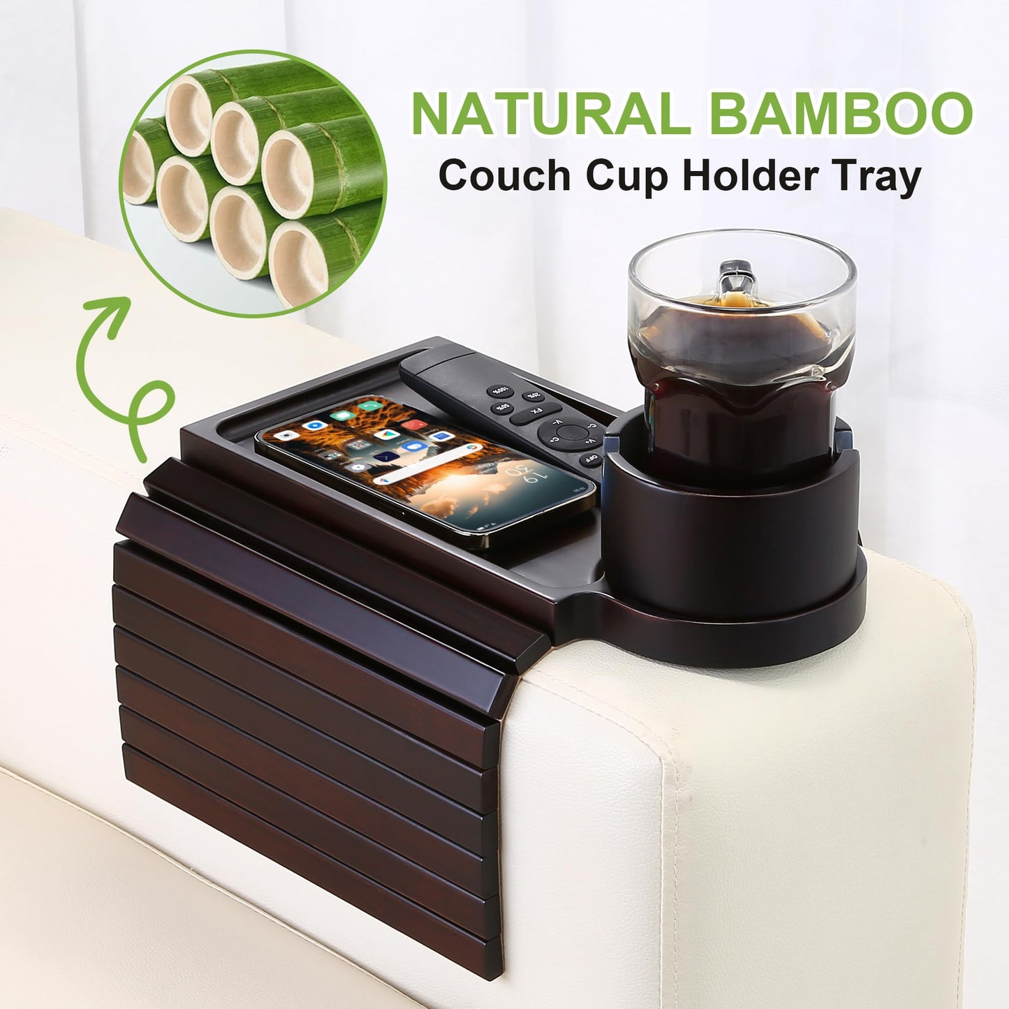 aisongdong Couch Cup Holder Tray - 3 in 1 Couch Arm Table with 360° Rotating Phone Holder, Foldable Sofa Arm Tray for Drink Table, Snacks Table,Hold Cellphone Remote or Books