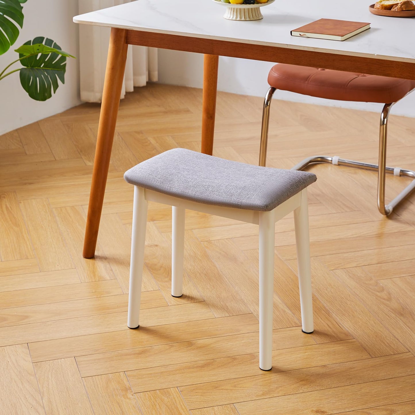 IBUYKE Saddle Cushion Vanity Stool Chair, Foot Rest Stool with Solid Wood Legs, Modern Vanity Bench Ottoman for Piano, Upholstered Seat for Bedroom, Entryway, White Legs&Light Gray WBD007WG