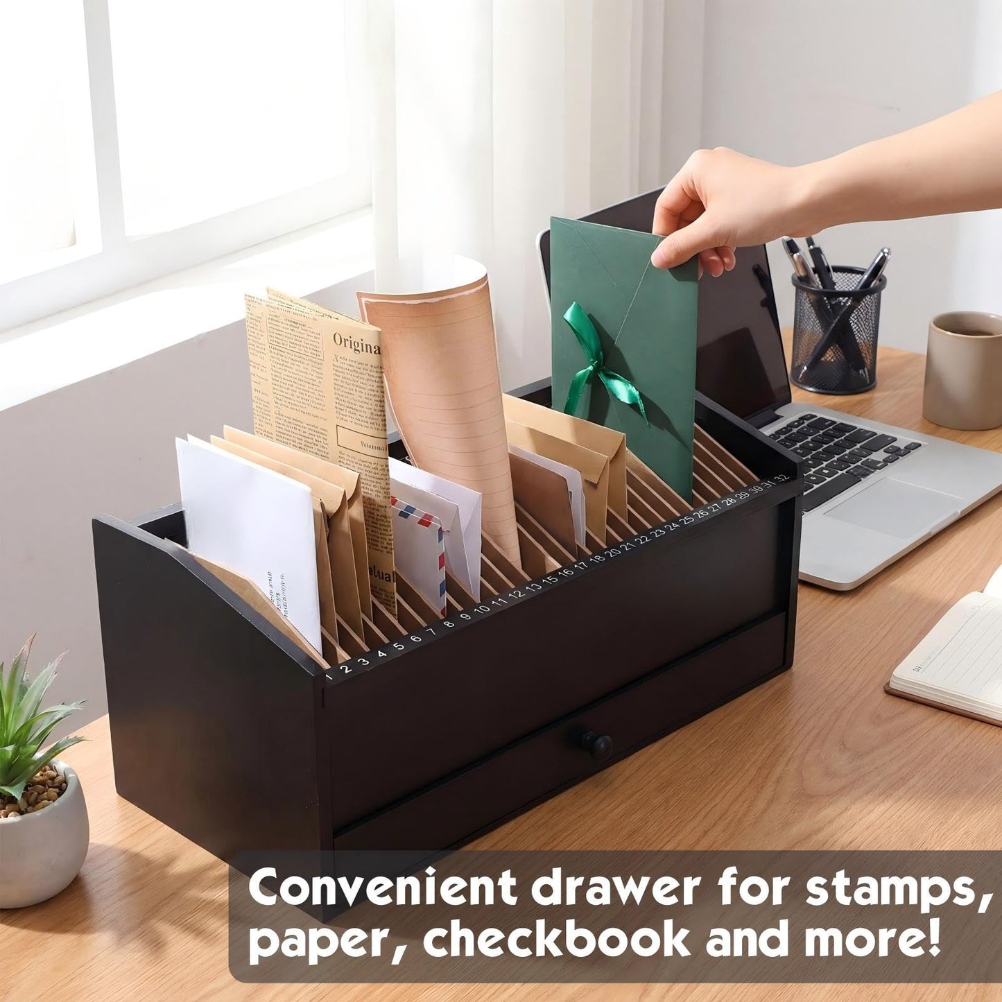 Teecyhooo Wood Desktop Organizer with Drawer, 17 Inch 32 Section Bill & Mail & File Organizer Storage for Office Desk, Desktop Mail Holder and Office Supplies Storage, Letter and Paper Sorter(Black)