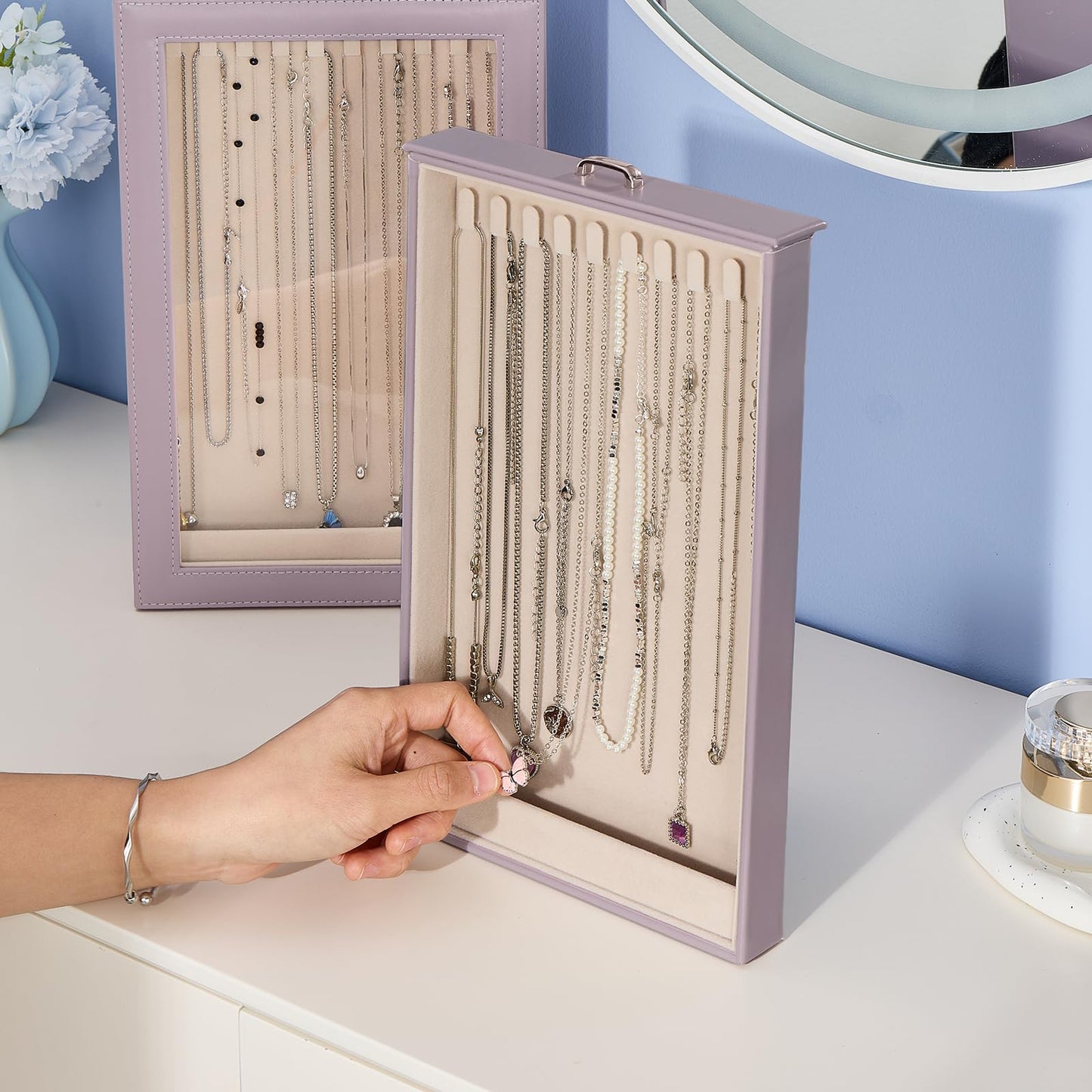 Lolalet Necklace Organizer Box, Jewelry Storage Box with Clear Window for Necklaces Bracelets, Tangle-Free Necklace Display Case for Women Girls, Dusty Purple, 2 Layers 20 Hooks