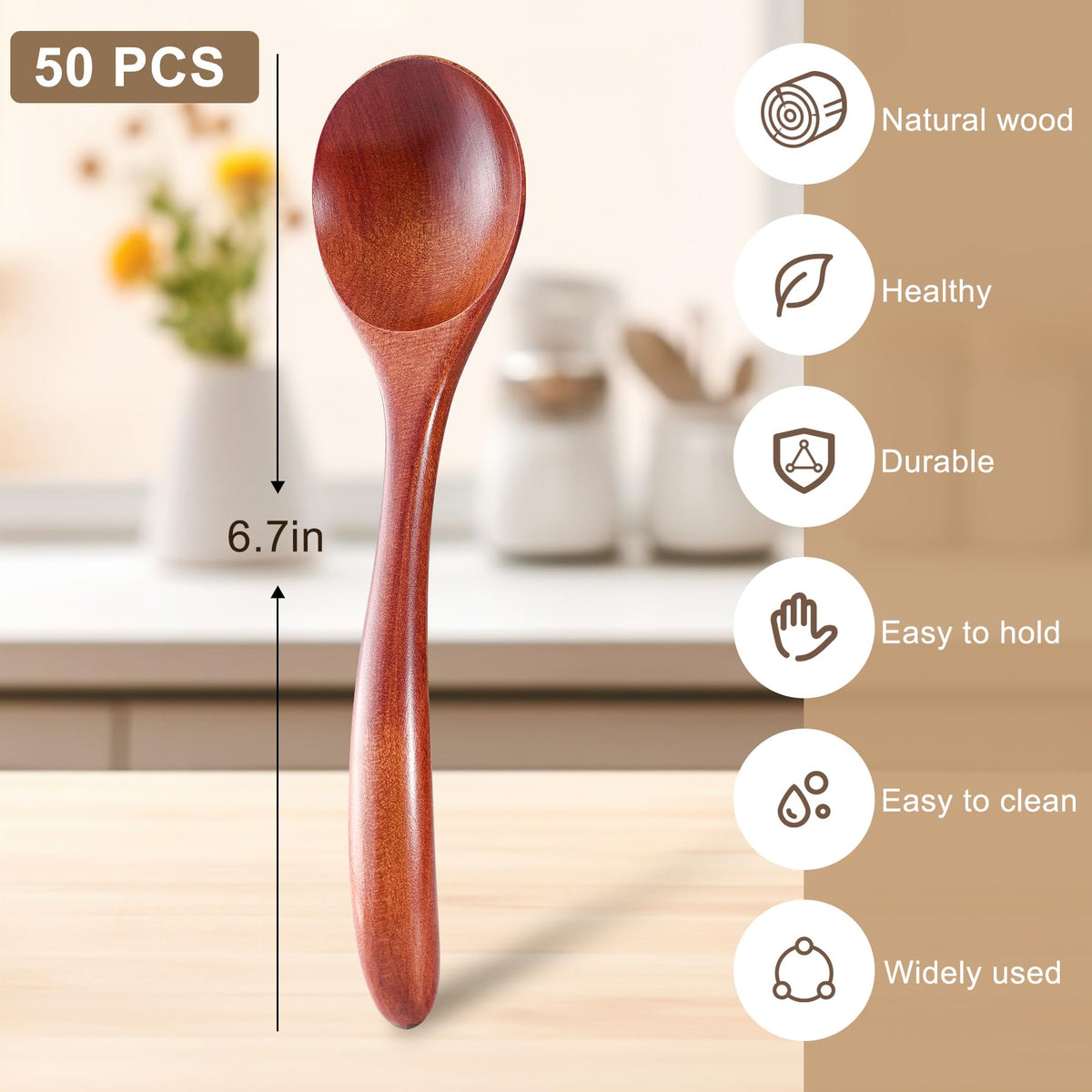 LOROTOCO 50PCS Small Wooden Spoons 6.7" Soup Spoons Bulk for Eating with Stirring & Scoop Coffee Honey Tea Jam Salts Kitchen Utensils Set