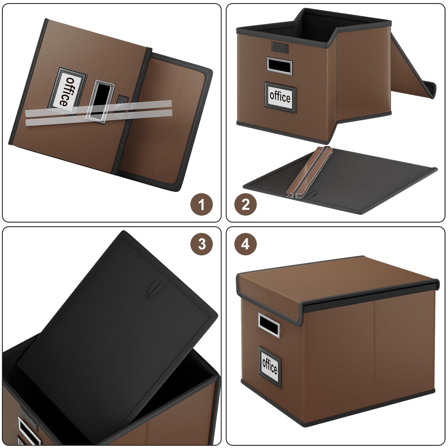 Huolewa Faux Leather File Organizer Box with Lid, Collapsible Hanging File Folder Box Organizer with Plastic Slides, Decorative Home/Office Filing Boxes for File and Folder Storage - Dark Brown