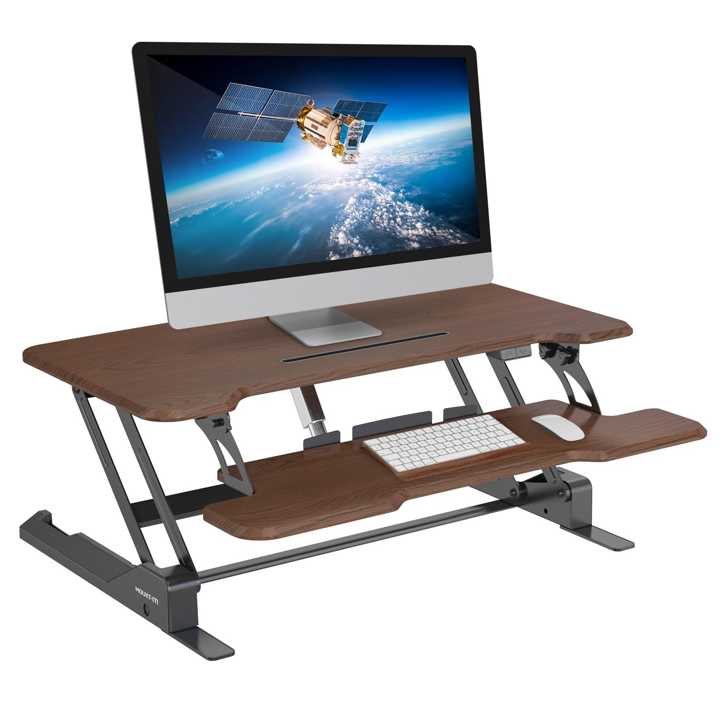Mount-It! Electric Standing Desk Converter with 38" Tabletop, Height Adjustable Desk Riser, Motorized Desk Riser with Keyboard Tray and Device Slot, Fits Monitor & Laptop, Dark Walnut