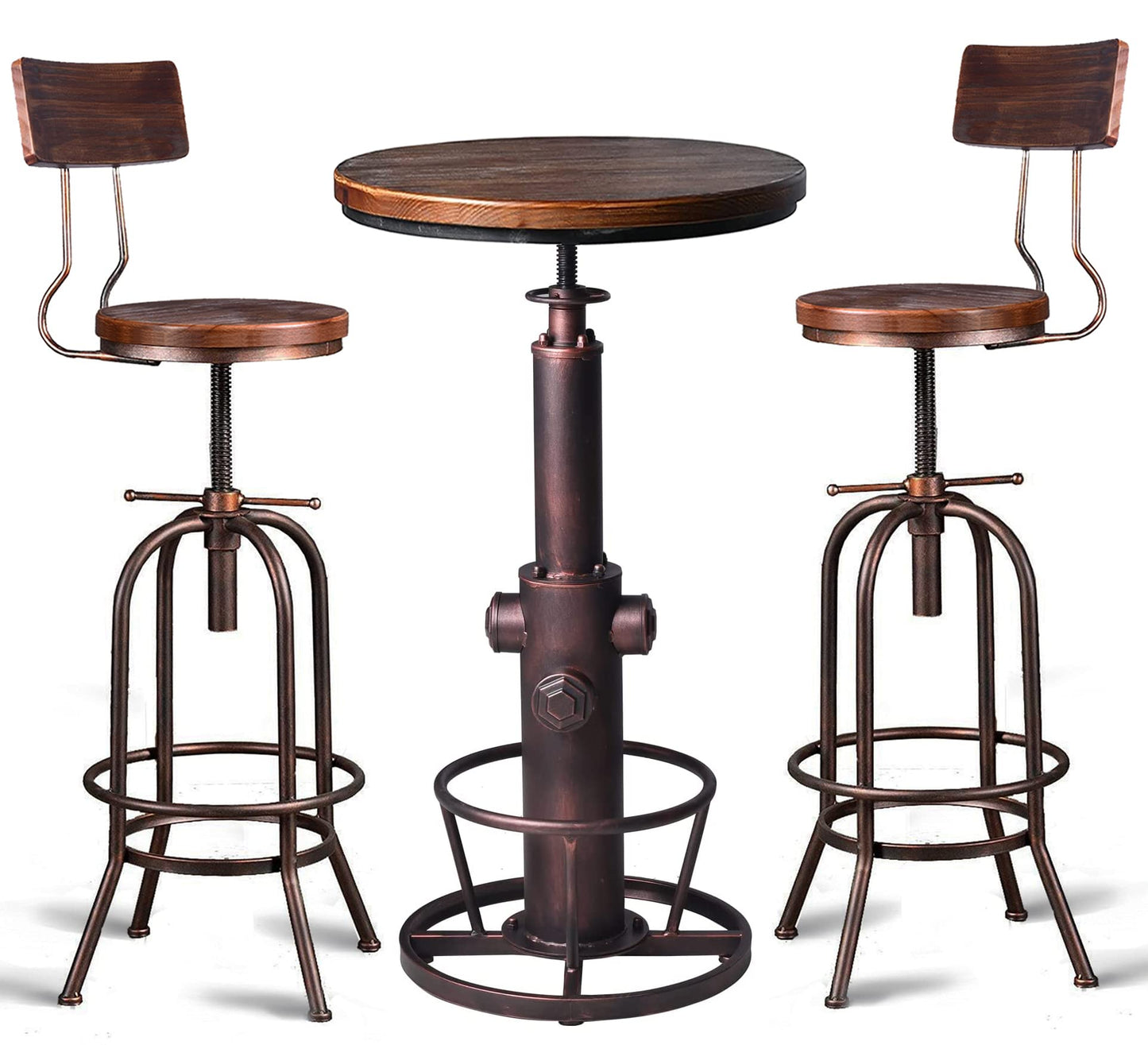 LOKKHAN Industrial Bar Table 38.6"-48.4" Height Adjustable Swivel Round Wood Tabletop 23.7" Dia, Kitchen Dining Office Coffee Bistro Pub Table