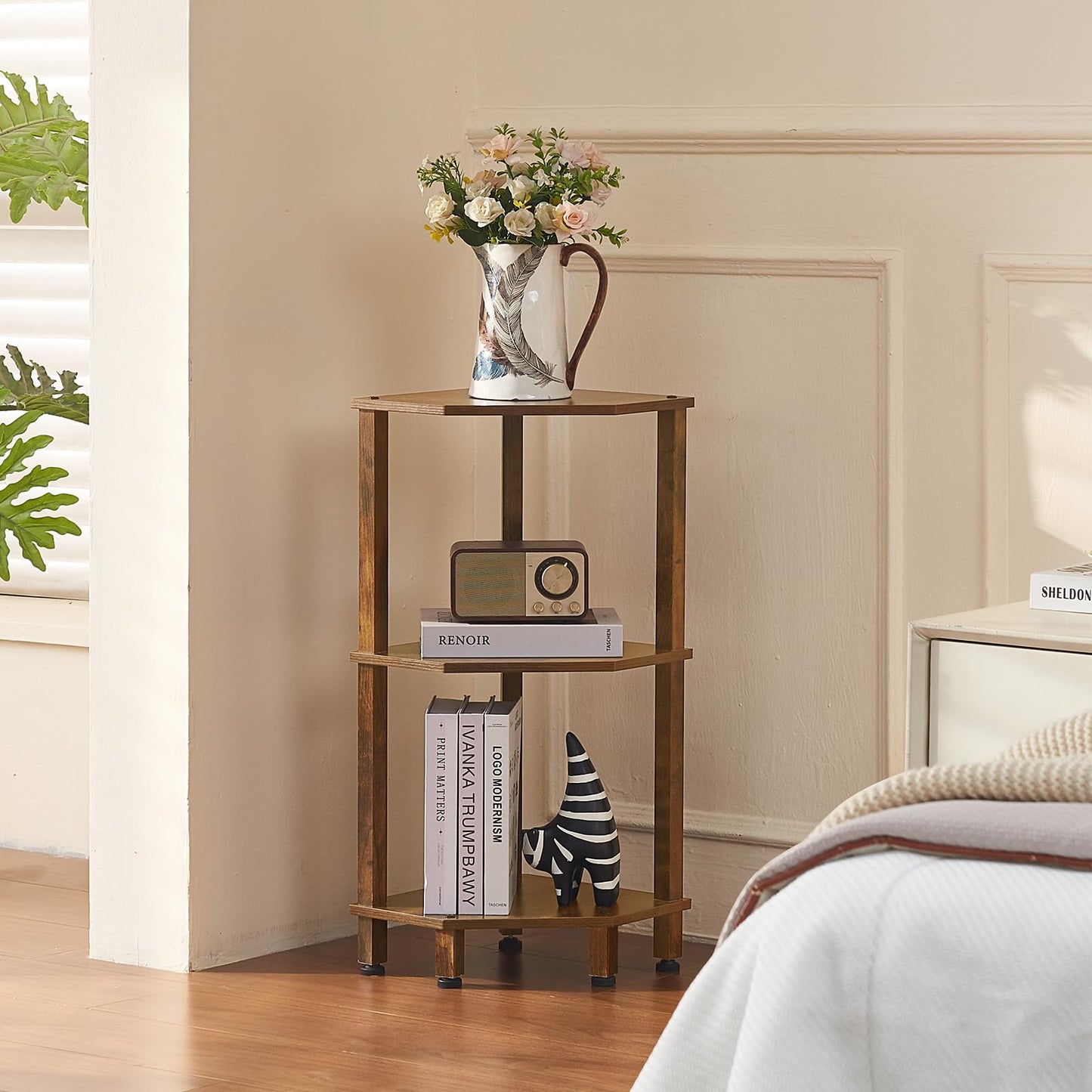 YUFAM 3-Tier Corner Shelf with Sturdy 5-Leg Base, Wooden Corner Bookshelf for Small Spaces, Small Corner Table for Living Room, Bedroom, Office, Brown