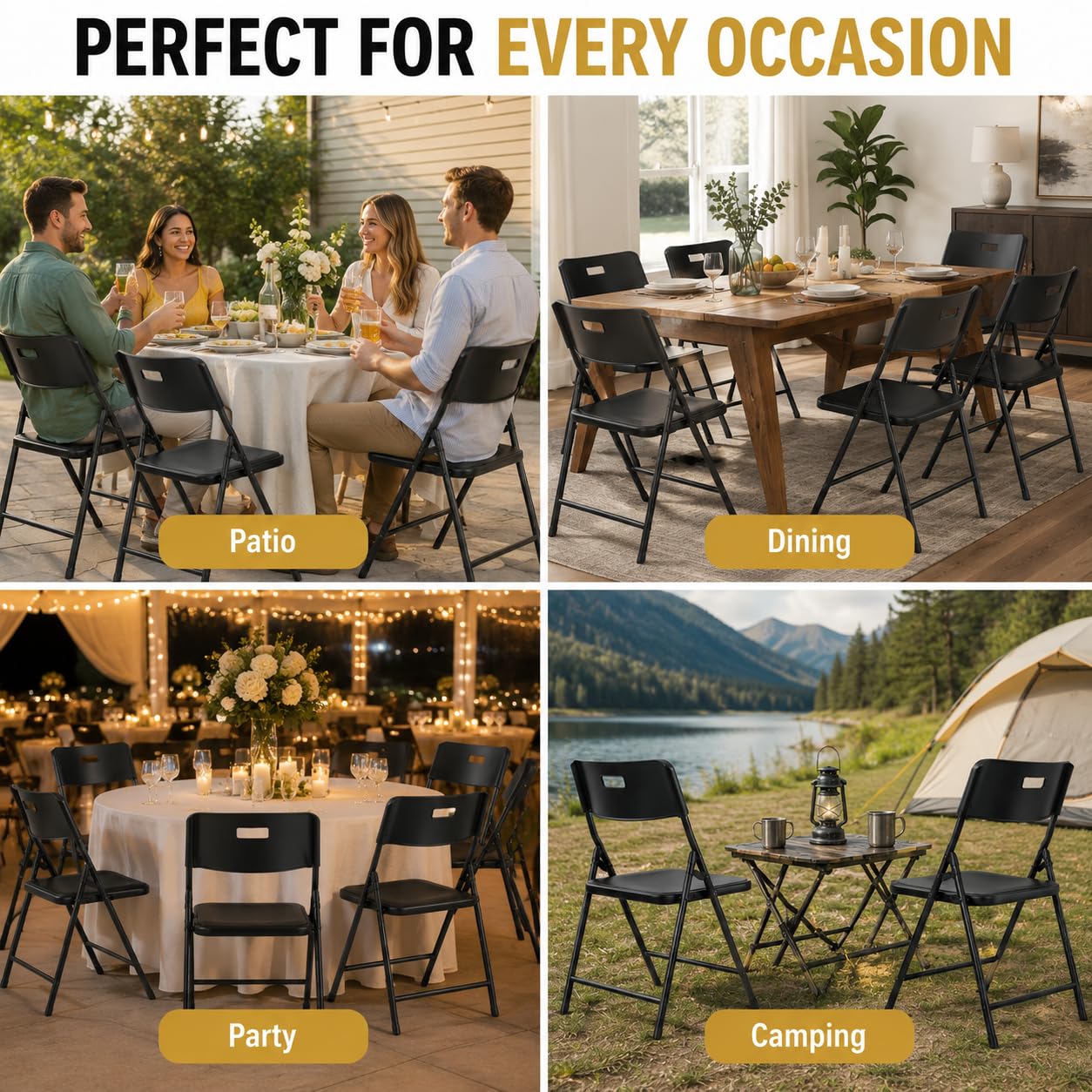 New Home Era Plastic Folding Chairs Heavy-Duty Foldable Chairs Indoor/Outdoor, Portable Dining Chair for Kitchen, Patio, Garden, Party Events – Stackable, Space-Saving Folding Chair (Black, 4 Pack)