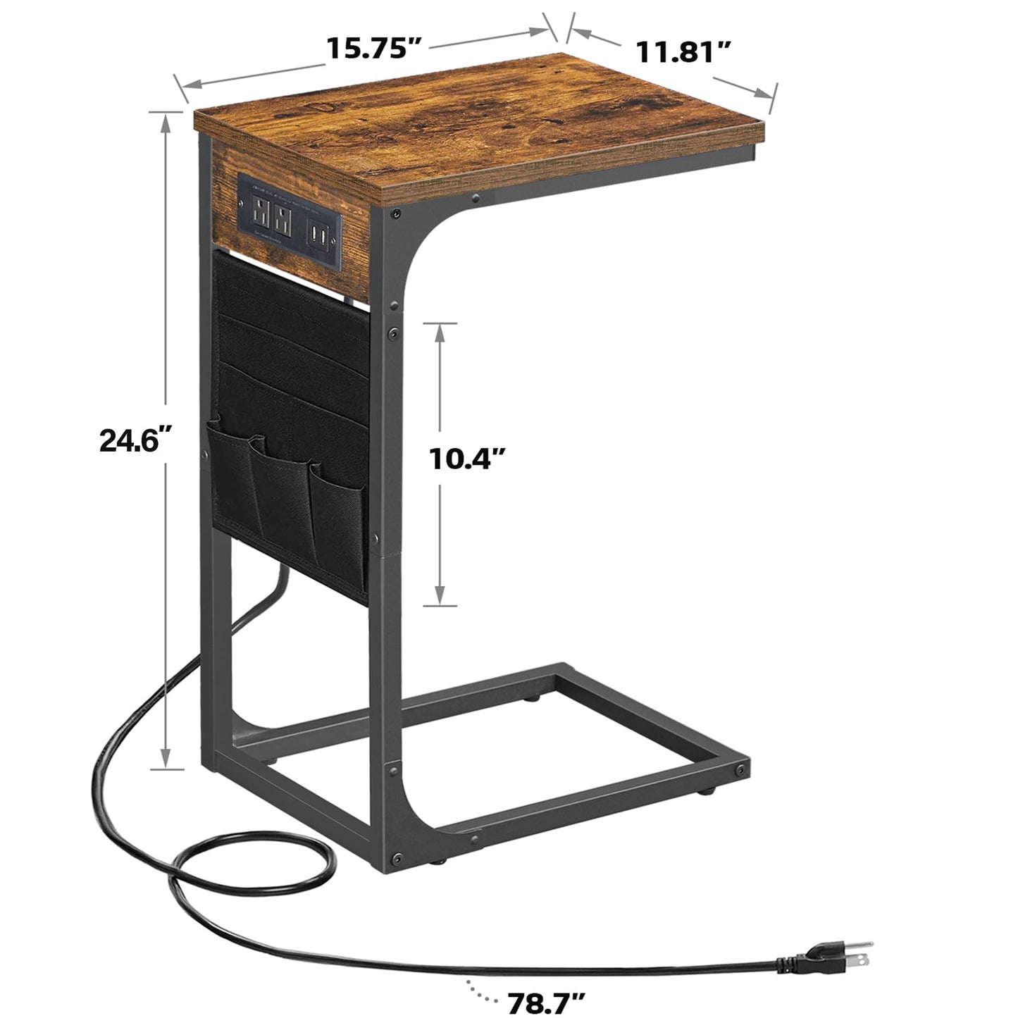 TUTOTAK C Shaped End Table with Charging Station, Side Table for Sofa, Couch Table with Storage Bag, TV Tray with 2 USB Ports and Outlets for Living Room, Bedroom, Brown TB01BB024