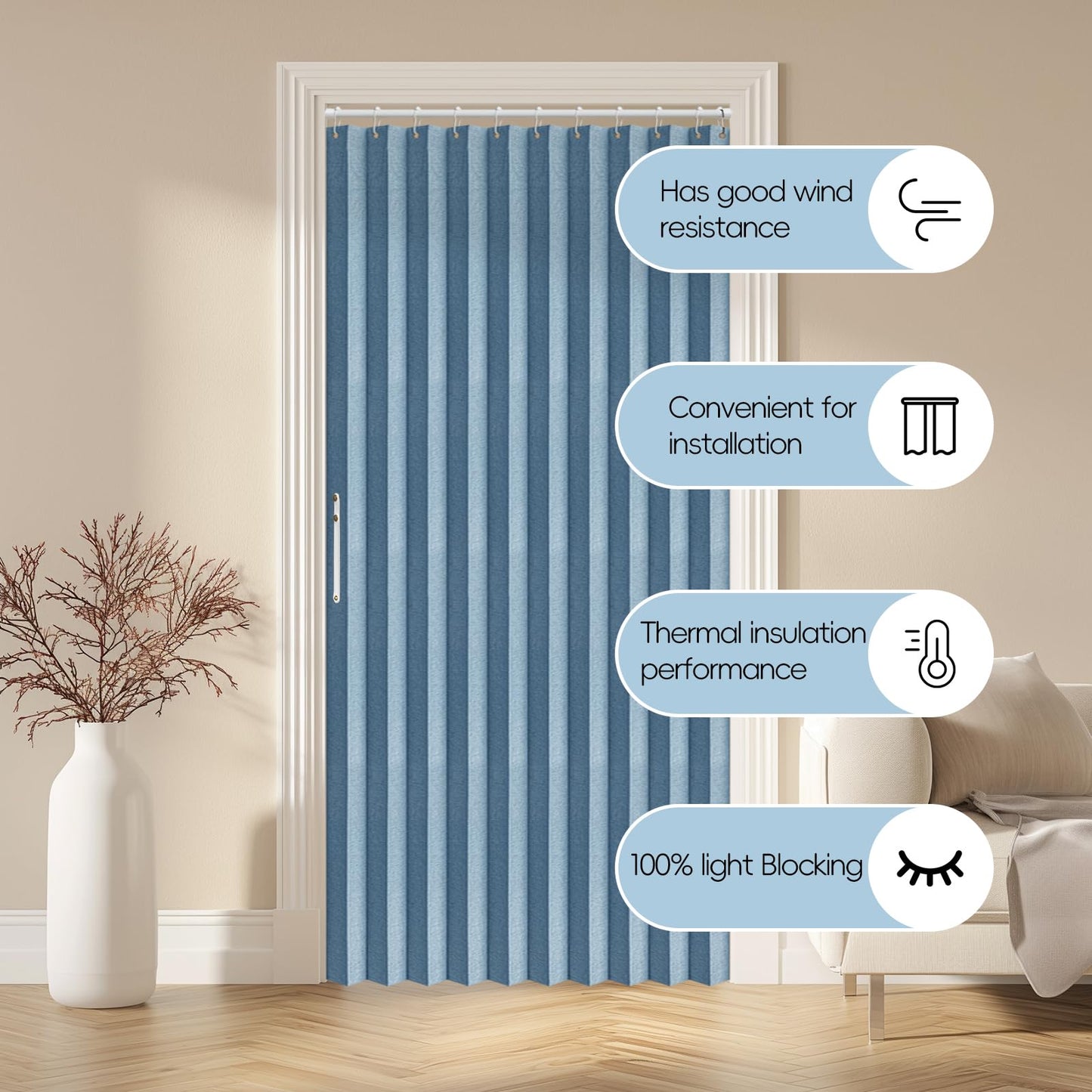 AJAZZ 100% Blackout Accordion Doors Interior Magnetic Door Curtain Closet Door Curtain Invisible Applicable Bedroom Room Living Room Doorway (Blue 42" W x 78" L 1 Panel