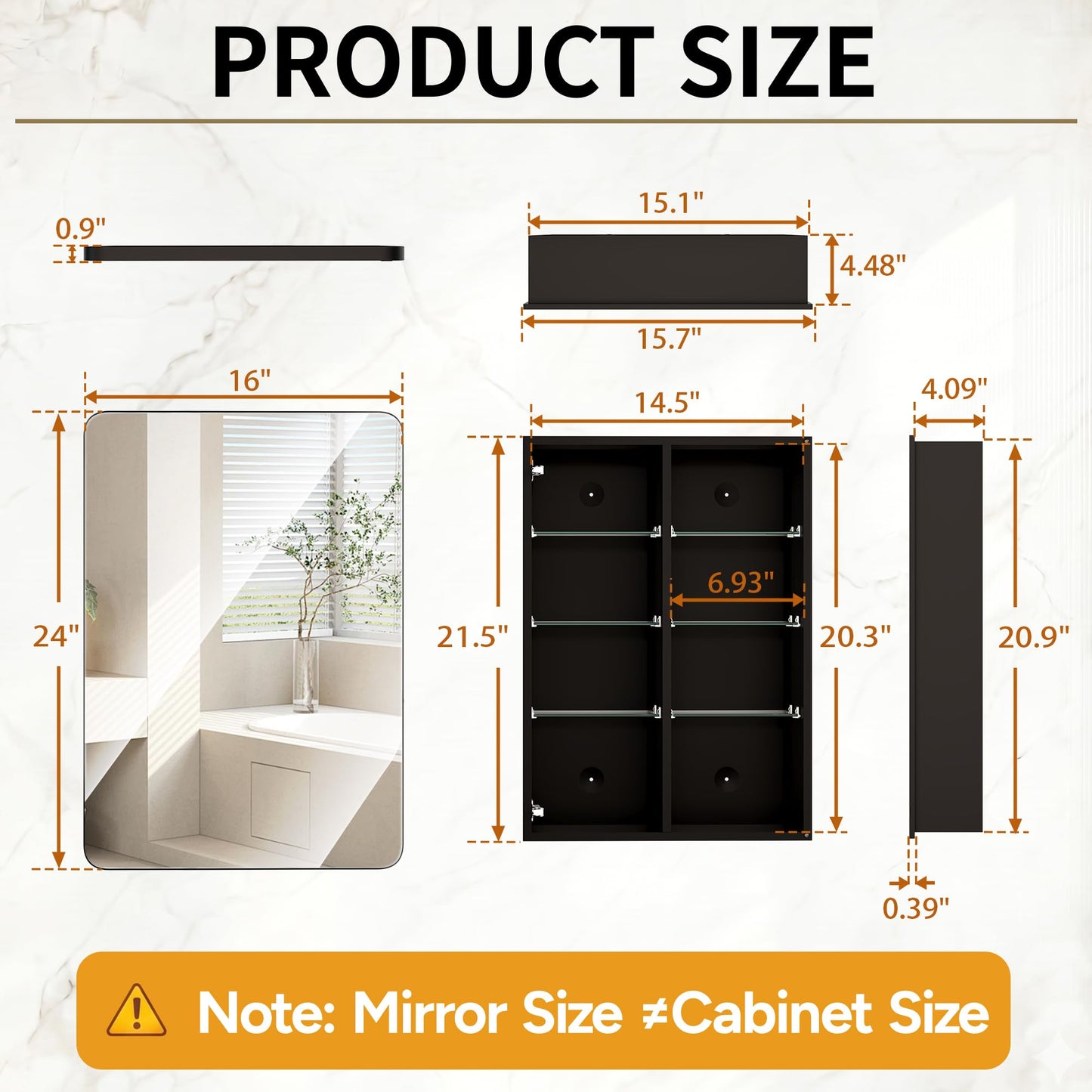 GoTiling 16x24 Medicine Cabinet with Mirror, Aluminum Bathroom Wall Organizer, Pre-Assembled, Center Partition for Tall Bottles, 6 Adjustable Shelves, Soft-Close, Recessed/Surface Mount, Matte Black
