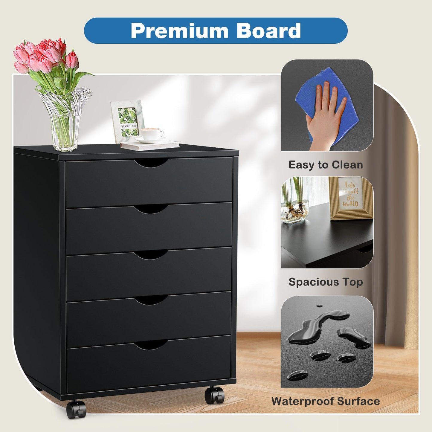 OLIXIS 5 Drawer Mobile File Cabinet Under Desk Storage Organization with Wheels Vertical Filing Chest Rolling Wood Small Desk Printer Stand for Home Office, 15.75"D x 18.74"W x 25.39"H, Black