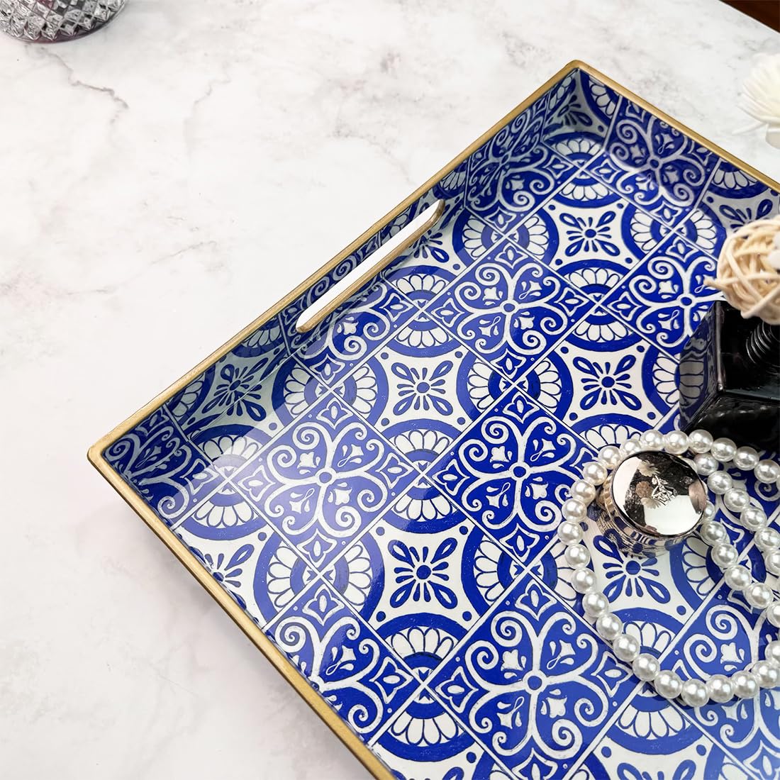 Umisriro Serving Tray with Handles, Rectangular Decorative Trays for Coffee Table, Plastic Ottoman Tray for Living Room, Decor, Boho Blue, 15.7”*11.8”*1.6"