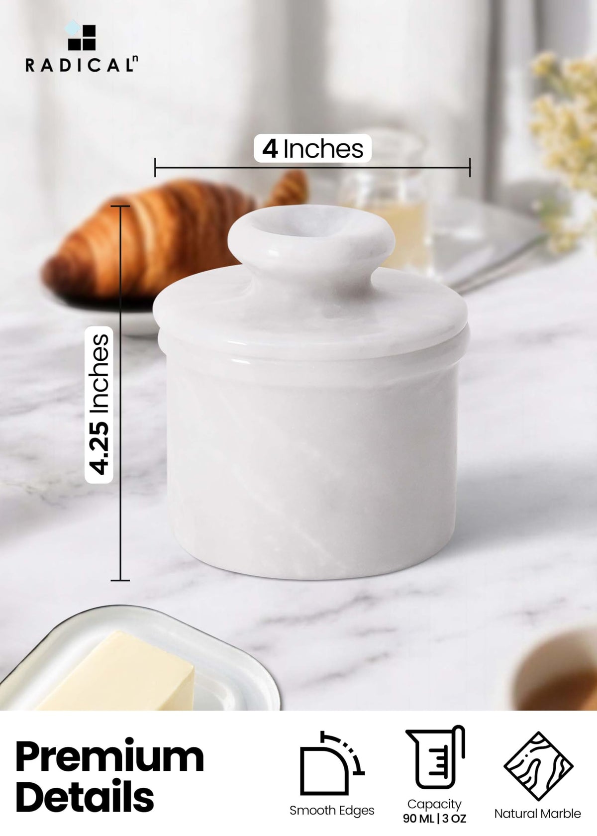 Radicaln Marble Butter Keeper 4.25'' Inches White Handmade French Butter Holder For Kitchen Counter Decor Ideal Butter Crock For Counter With Water & Butter Crock For Kitchen