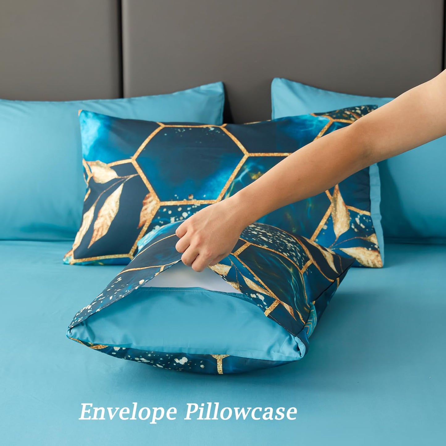 ZRNBAST Teal Bed in A Bag Queen Size 7 Pieces Geometric Bedding Set Honeycomb Queen Comforter Set with Sheets with Gold Trim Hexagon Print (Teal, Queen)