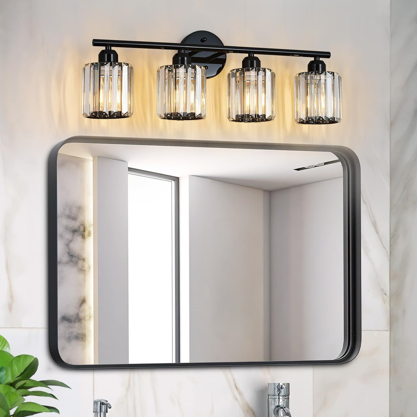 FDPBY Modern 4 Light Crystal Vanity Light, Plating Black Vertical Bathroom Light Fixture Over Mirror for Dressing Table Sink, Compatible with Dimmable Bulbs (Bulbs Not Included)