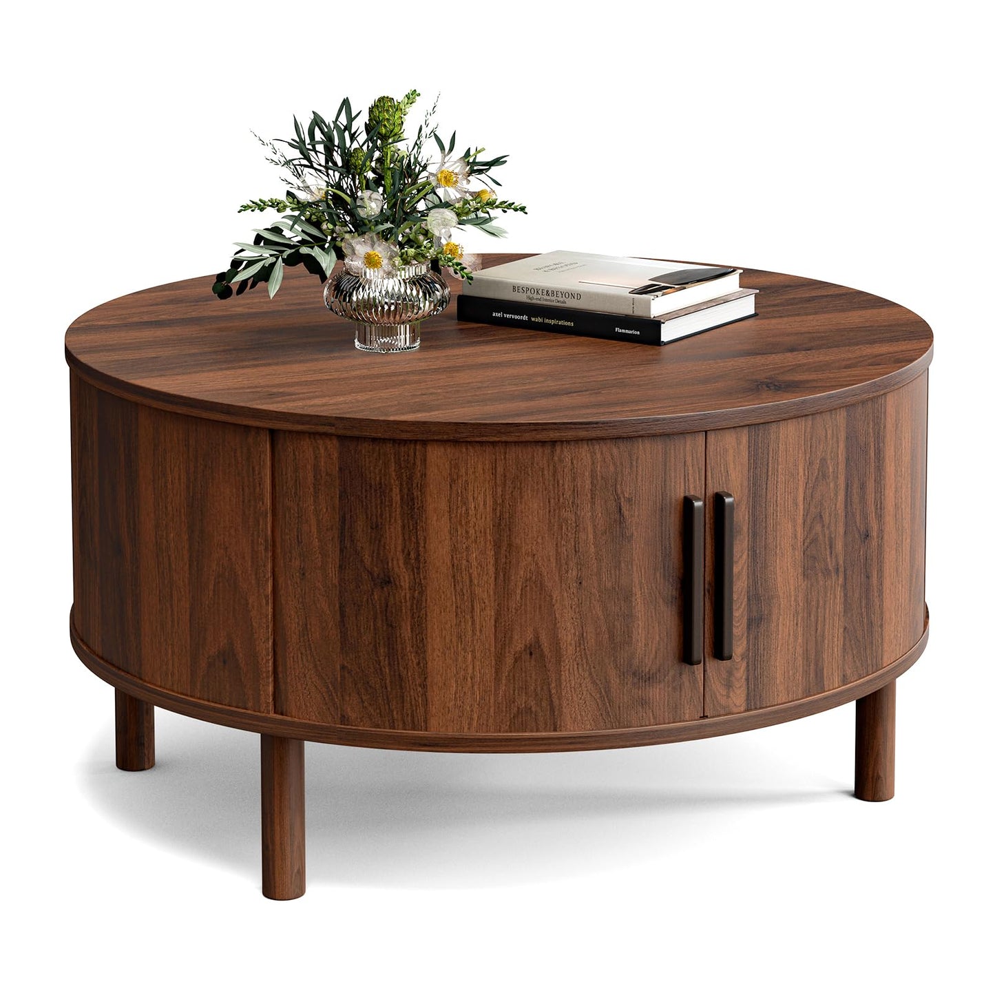 ZttRiee Coffee Table for Living Room, Modern Round Coffee Table with Cabinets & Sliding Doors, Home Small Space, 29.9" Fluted Center Table, Walnut