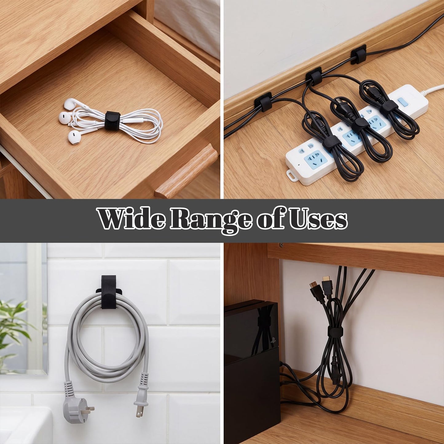 100PCS Cable Management Under Desk, Hook and Loop Cable Straps Self Adhesive Cable Organizer, Reusable Cable Ties for Cords Home Office TV Computer Car Wire Organizer, Black