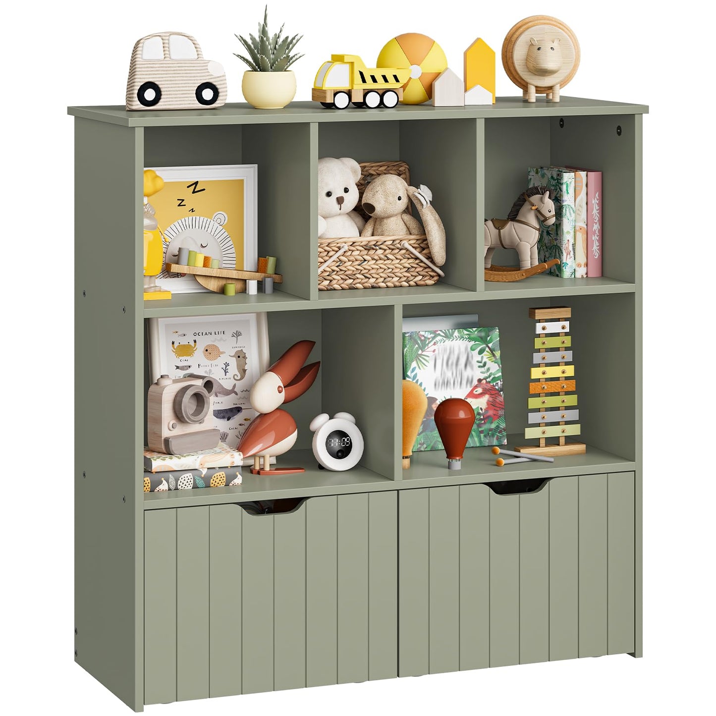 HOOBRO Toy Storage Organizer, Toy Organizers and Storage with 2 Movable Drawers and 5 Cubbies, Toy Chest Shelf for Books or Dolls, Kids Bookshelf and Toy Storage for Playroom, Green GN88CW01