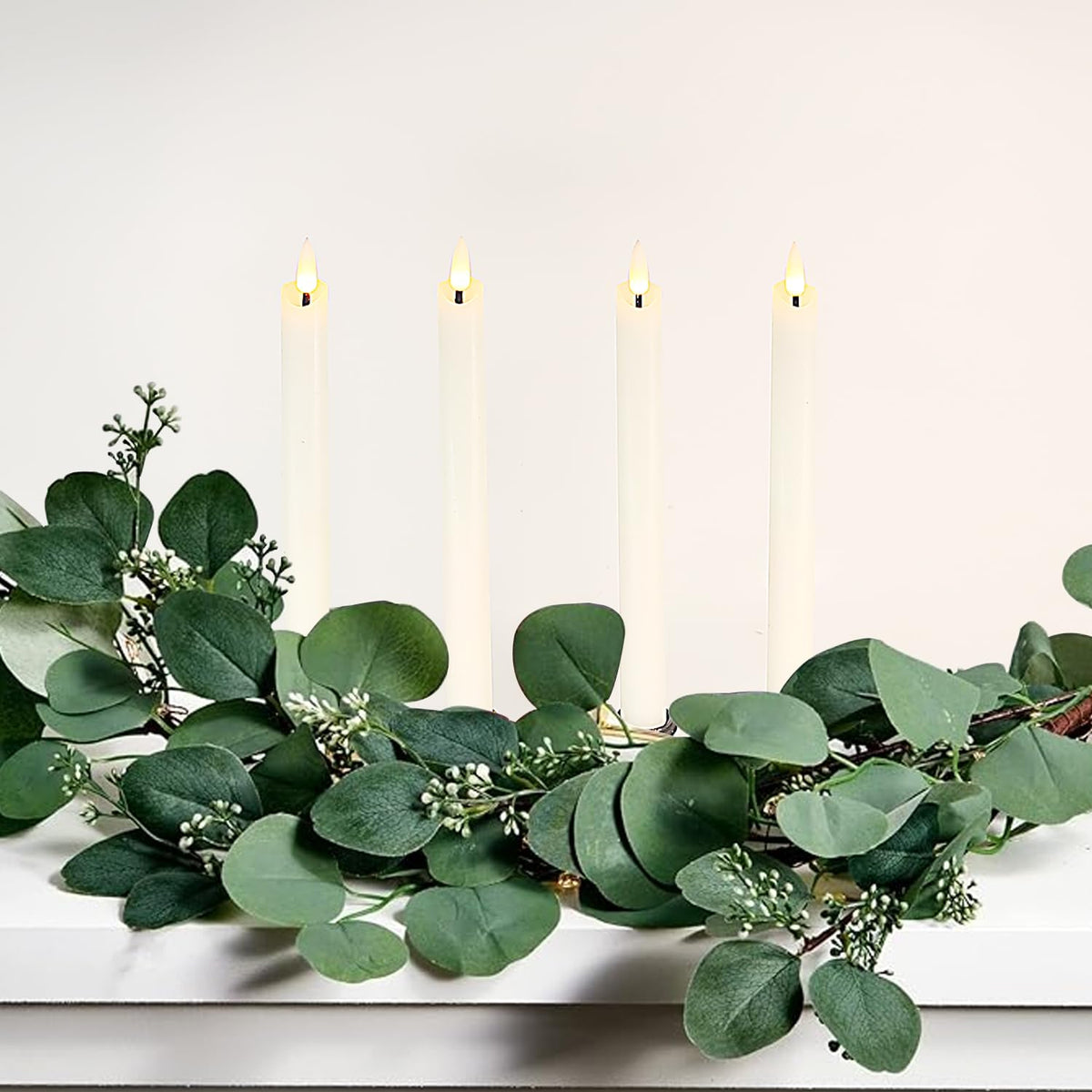 salipt Flameless White Taper Candles Flickering with Timer and 10-Key Remote, Battery Operated LDE Warm 3D Wick Light Window Candles Real Wax Pack of 4, Christmas Home Wedding Decor(0.78" X 9.64")