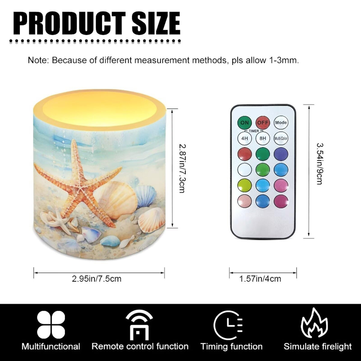 NETILGEN Beachside Starfish Print Flameless LED Candles with Remote Timer Set of 4 Home Decorative Realistic Flickering Flameless Candles with Battery Powered