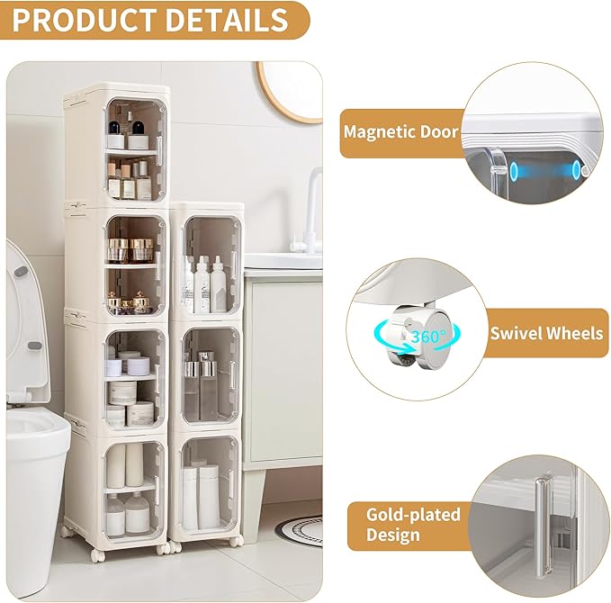 4-Tier Tall Narrow Storage Cabinet, Slim Bathroom Storage Cabinet