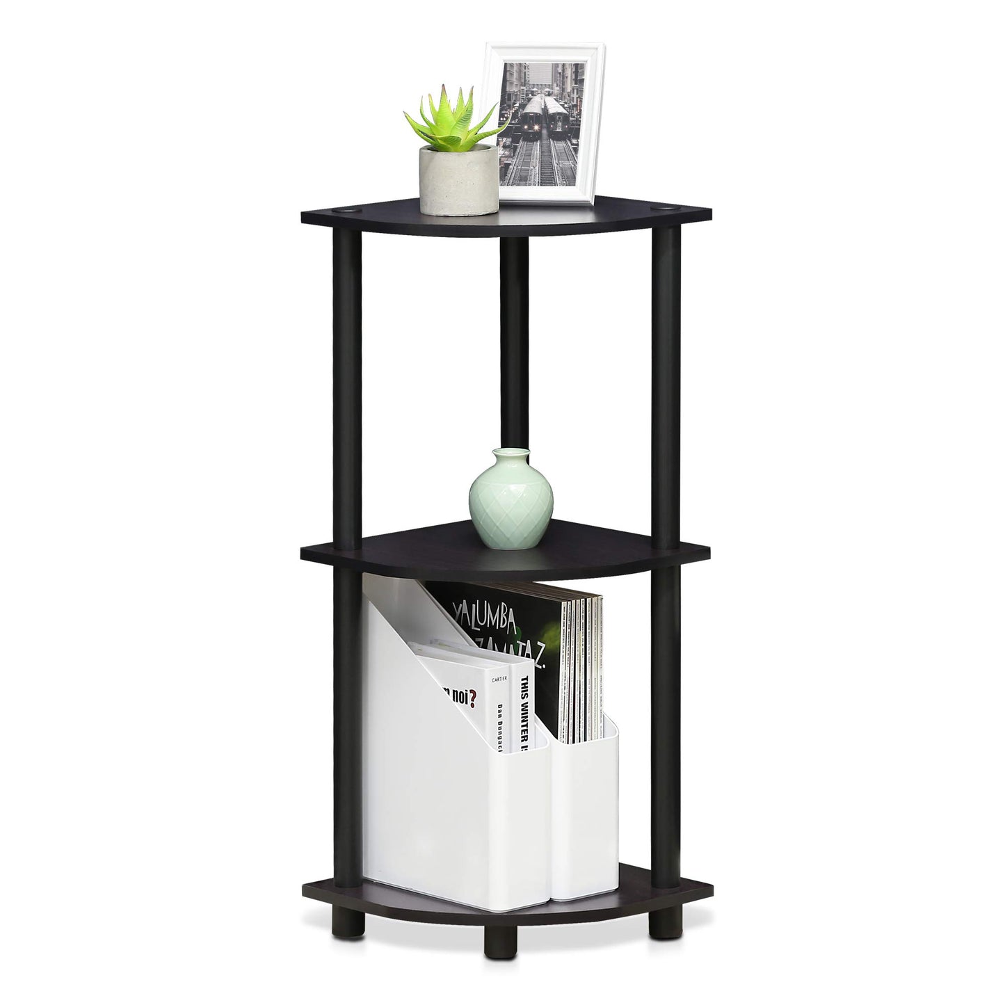 Furinno TURN-N-TUBE Corner Shelf, 3-Tier Corner Bookshelf, Display Storage Shelves with Open Shelves, for Organization and Storage, Living Room, Home Office, Garage, Dark Walnut