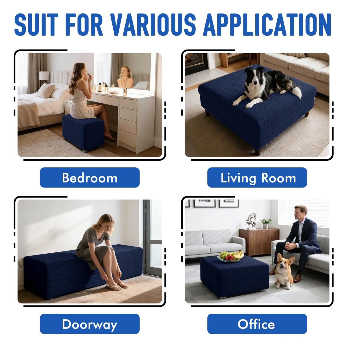 MAXIJIN Waterproof Ottoman Cover Rectangle Stretch Ottoman Slipcovers Square Thick Stool Covers Storage Footrest Furniture Protector with Non-Slip Elastic Bottom (Small, Navy Blue)