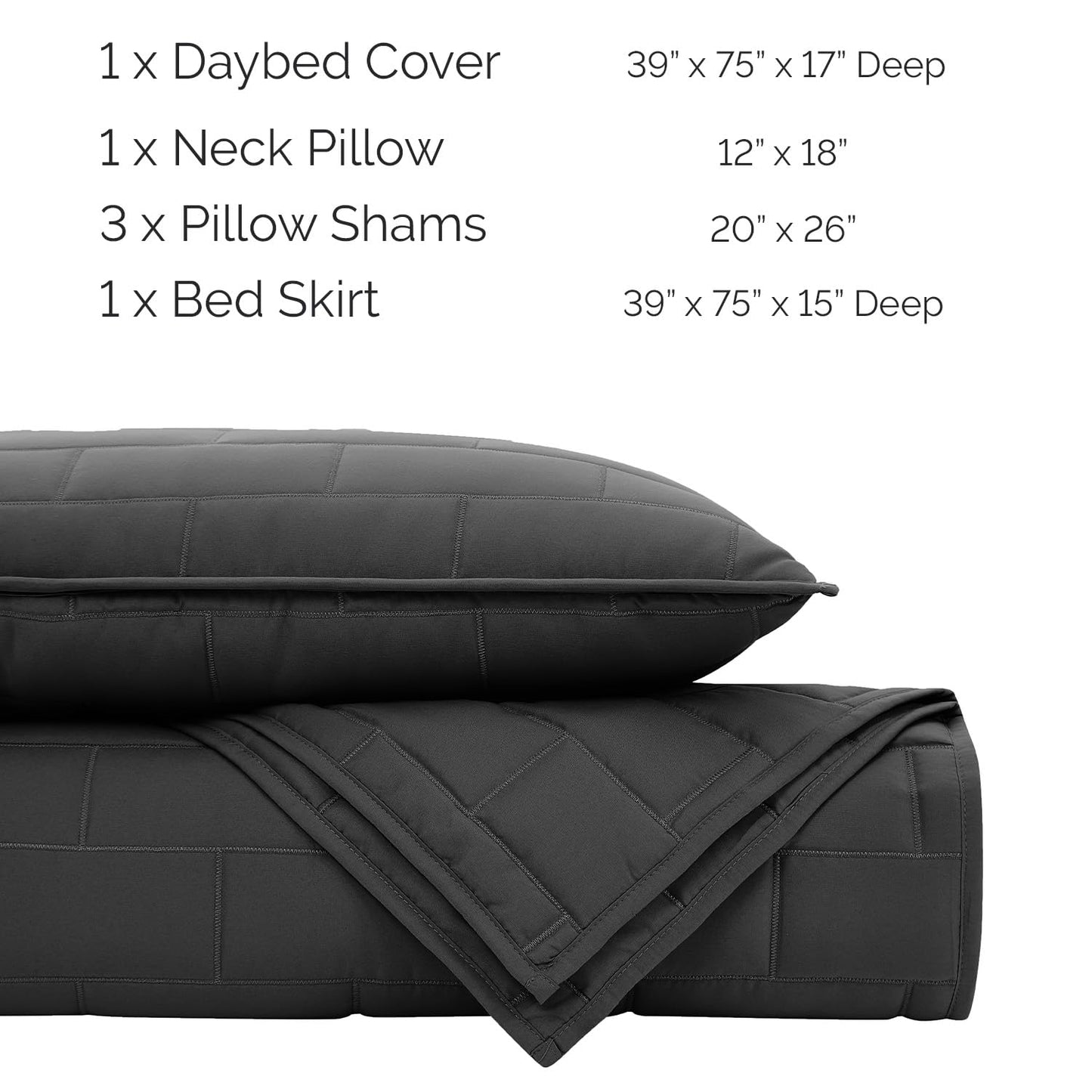 Southshore Fine Living, Inc. Twin Daybed Comforter Set, 6-Piece Twin Bedding Set with Daybed Cover, 3 Pillow Shams, Bed Skirt, Throw Pillow - Day Bed Quilt Set, Brickyard Black