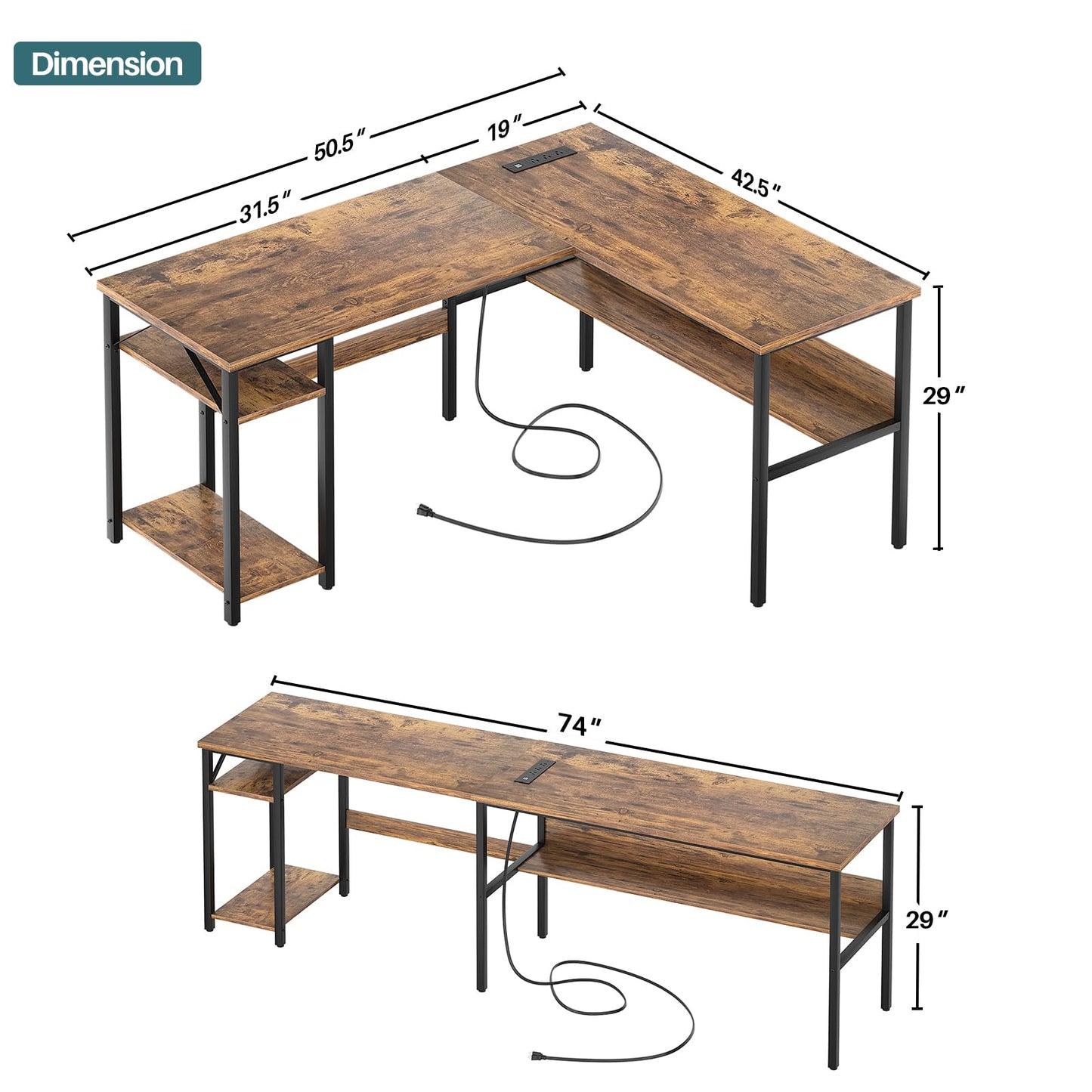 Unikito L Shaped Computer Desk with Magic Power Outlets and USB Charging Port, Sturdy Reversible Corner Desk with Storage Shelves, Modern Work Desk for Home Office, Easy to Assemble, Rustic Brown
