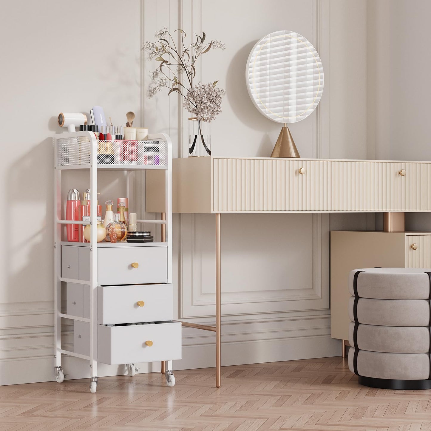 HapiRm Rolling Makeup Cart Organizer - Floor Skincare Make Up Storage with 3 Non-woven Fabric Drawers, Vanity Organizer Cosmetic Display Cases Holder for Skin Care Perfume Nail Polish Brush Hair Tool