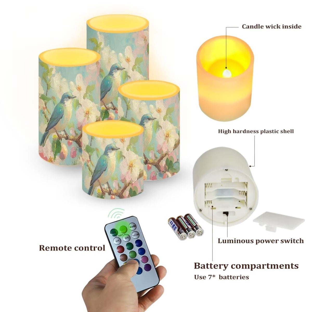 Cozeyat Spring Bloom LED Candles Set of 4 Battery Powered Flameless with Remote Timer Flickering Waterproof for Home Table Garden Beach Decoration