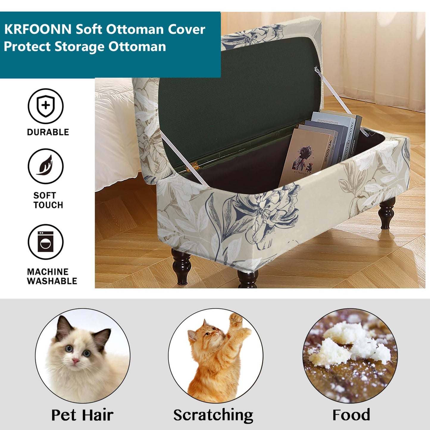 KRFOONN Rectangle Ottoman Covers Stretch Folding Storage Ottoman Bench Cover Printed Storage Folding Footrest Stool Slipcover Furniture Protector for Living Room Bedroom Bench (Small, 01)