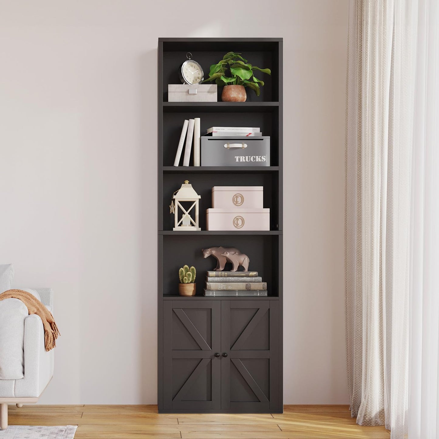 MXV Bookshelf Bookcase with Doors, 6 Tier 71" Tall Wooden Storage Shelves Organizer, Floor Standing Display Cabinet Shelves, Home Decor Furniture for Home Office, Living Room, Bedroom, Black