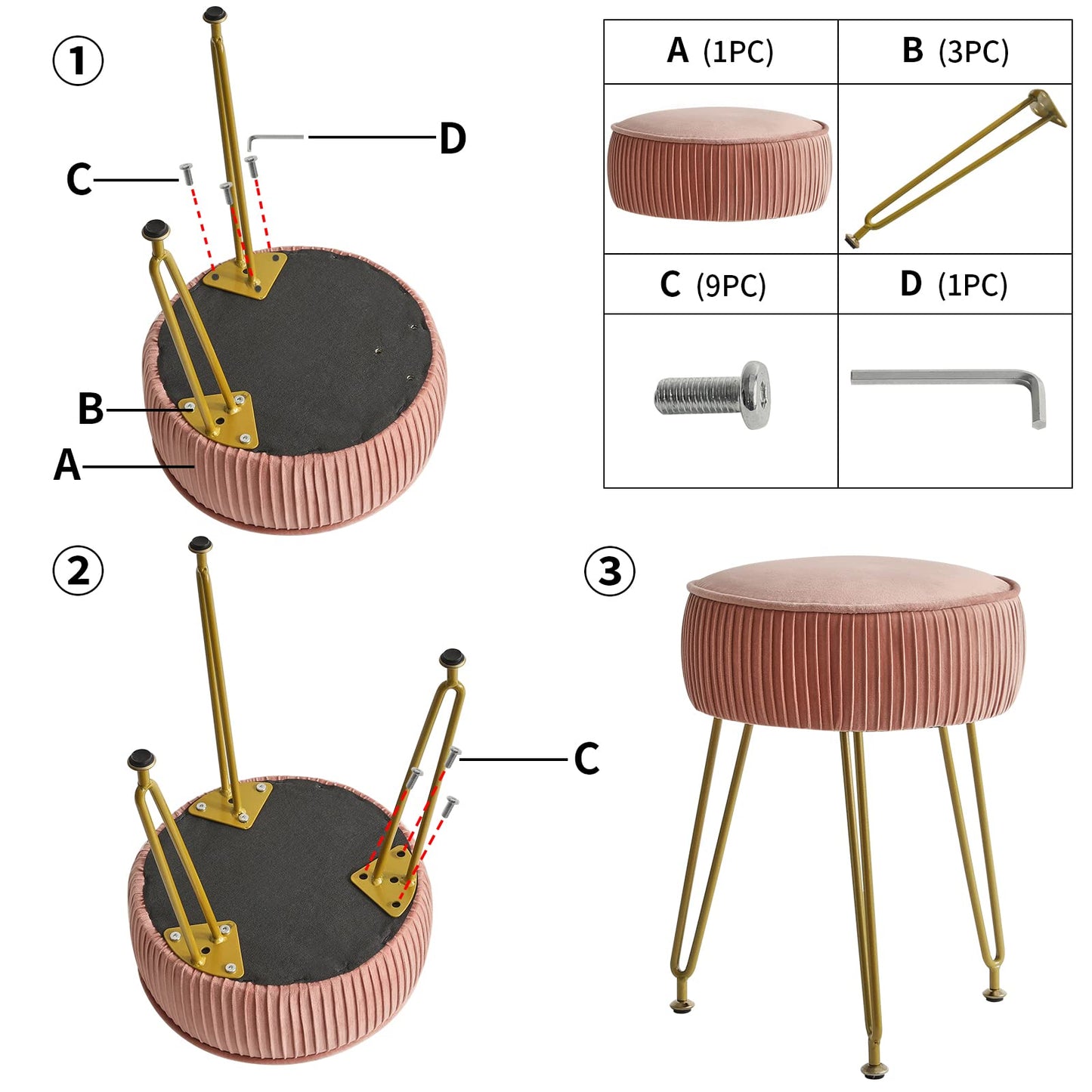 IBUYKE Velvet Vanity Stool Ottoman, Round Footrest Chair, Makeup Dressing Table Seat, Pouf Couch Stool, for Living Room, Golden Steel Legs, Pink LG-30P