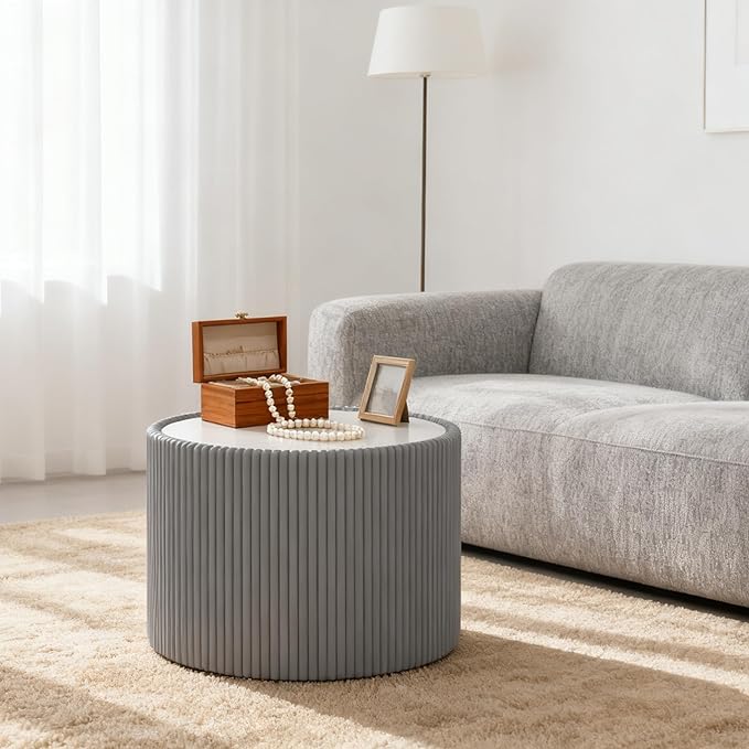 SSLine Round Drum Coffee Table Modern Sintered Stone Top Side End Table in Grey