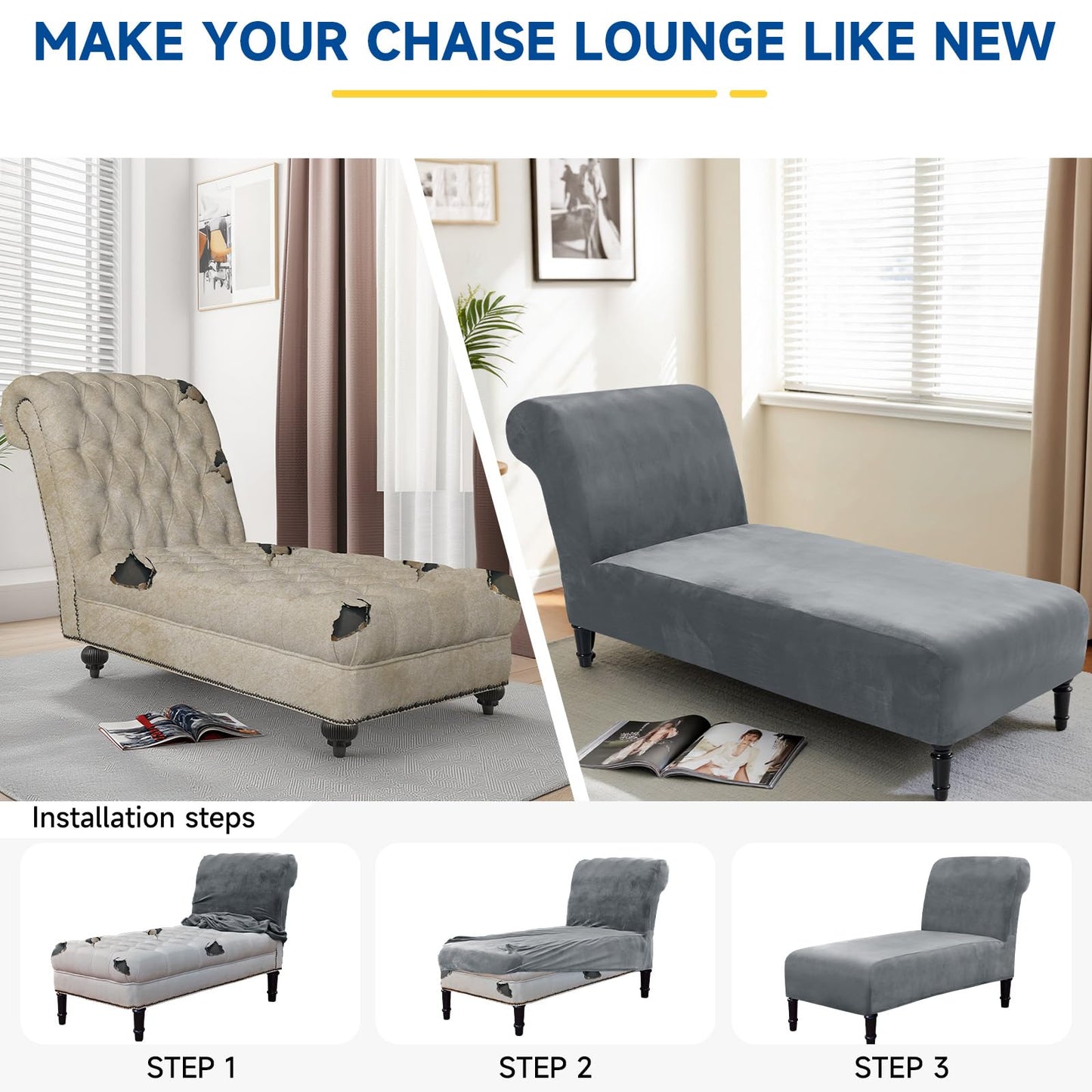 Velvet Chaise Lounge Cover Indoor Armless Chaise Slipcover Luxury High Stretch Ultra Soft Lounge Chair Covers Modern Machine Washable Chair Cover for Living Room Bedroom Furniture, Dark Grey