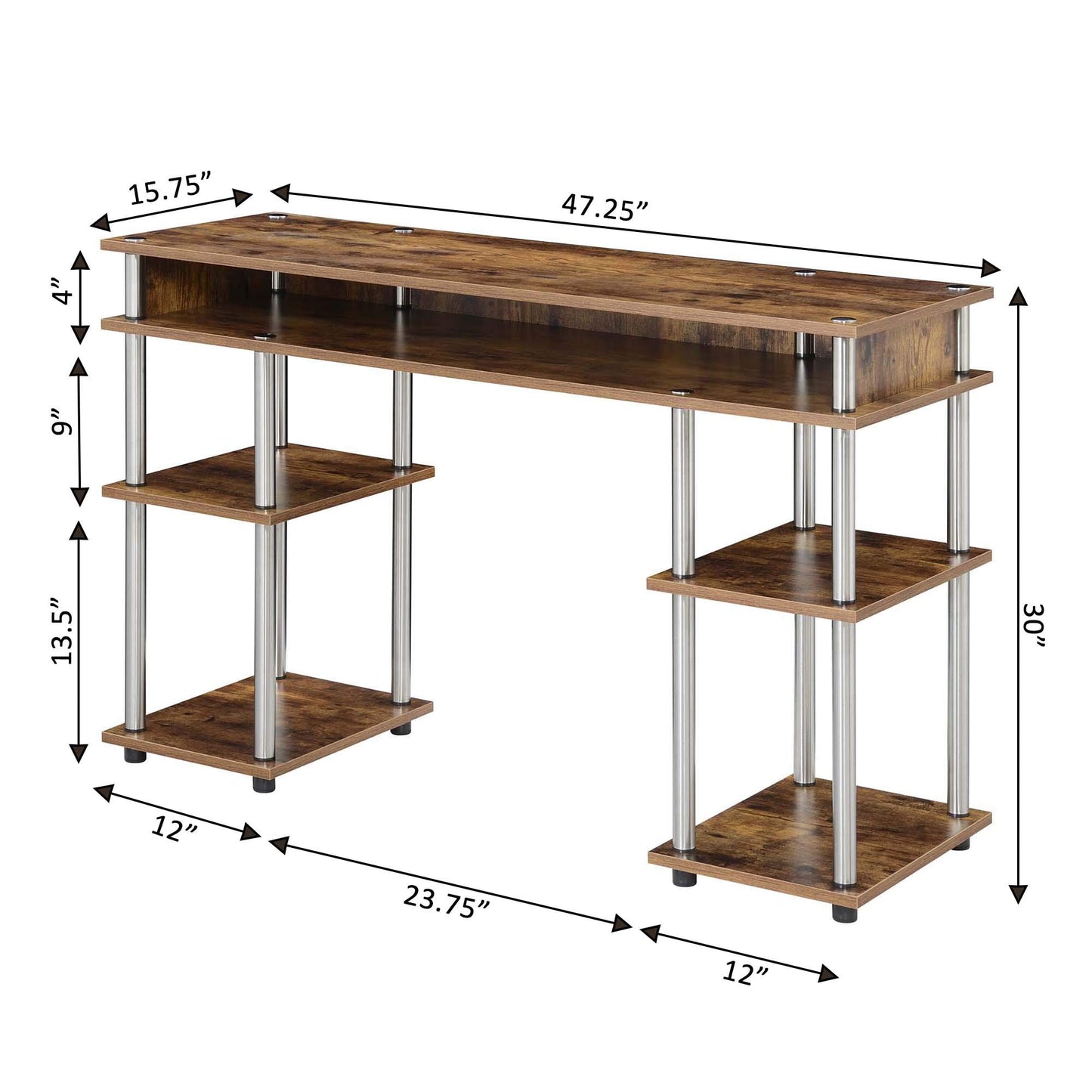 Convenience Concepts Designs2Go No Tools Desk Home Office Desk with Shelves, Corner Shelf Vanity Desk Computer Desk Nail Table for Nail Tech - 47.25" L x 15.75" W x 30" H, Barnwood