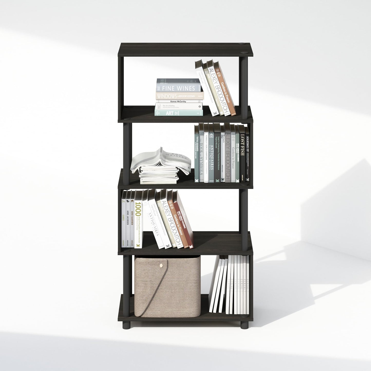 Furinno Reed Book Shelf, 5-Tier Bookshelf with Open Shelf, Geometric Bookcase with S-Shaped Frame, 11.8 x 23.6 x 48, for Living Room, Bedroom, Home Office, Espresso