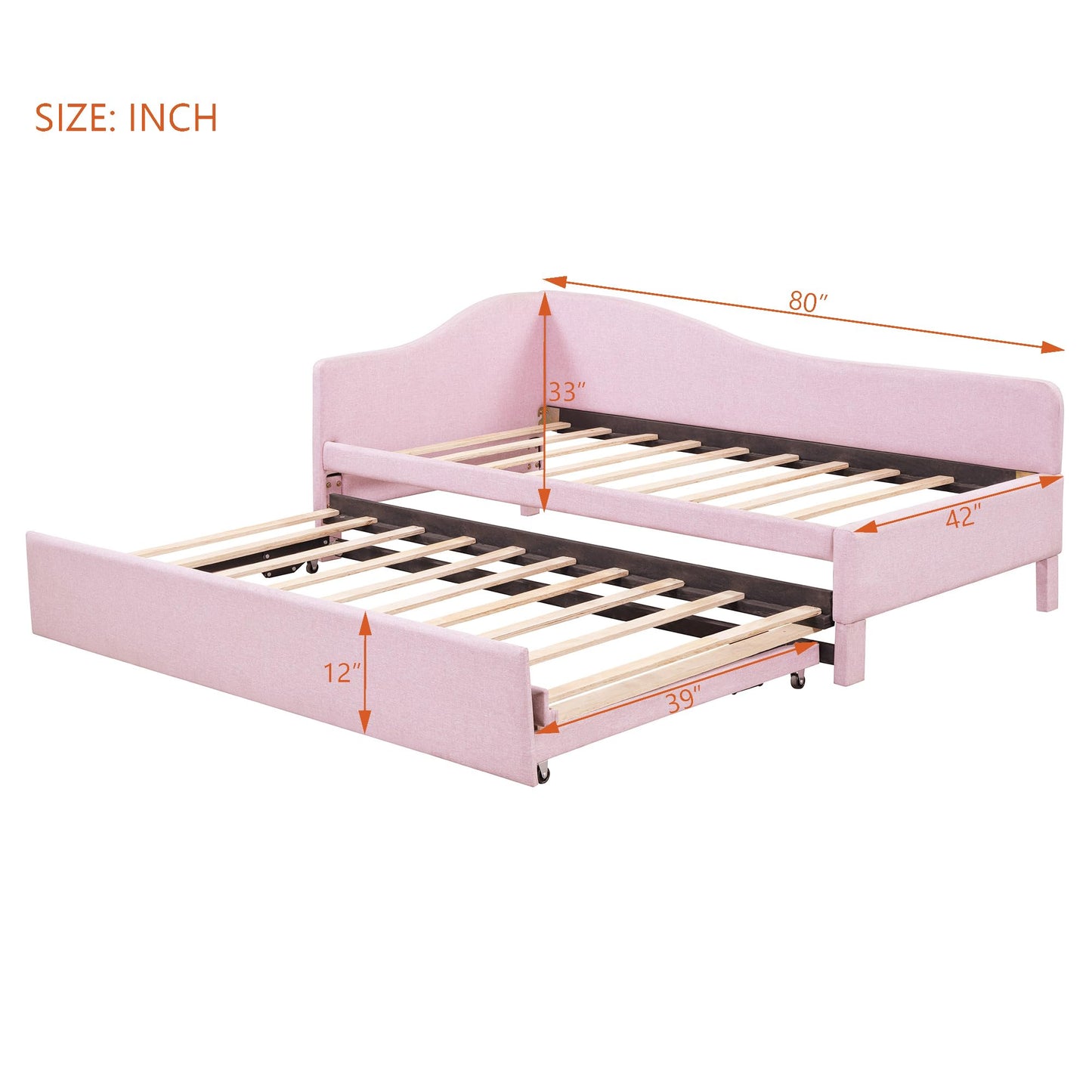 KOYVRY Day Bed with Pop Up Trundle Bed Twin - Upholstered Daybed with L-Shaped Guardrail, Wooden Slats and Wheels, Daybed Couch for Guest Room, No Box Spring Required (Pink)