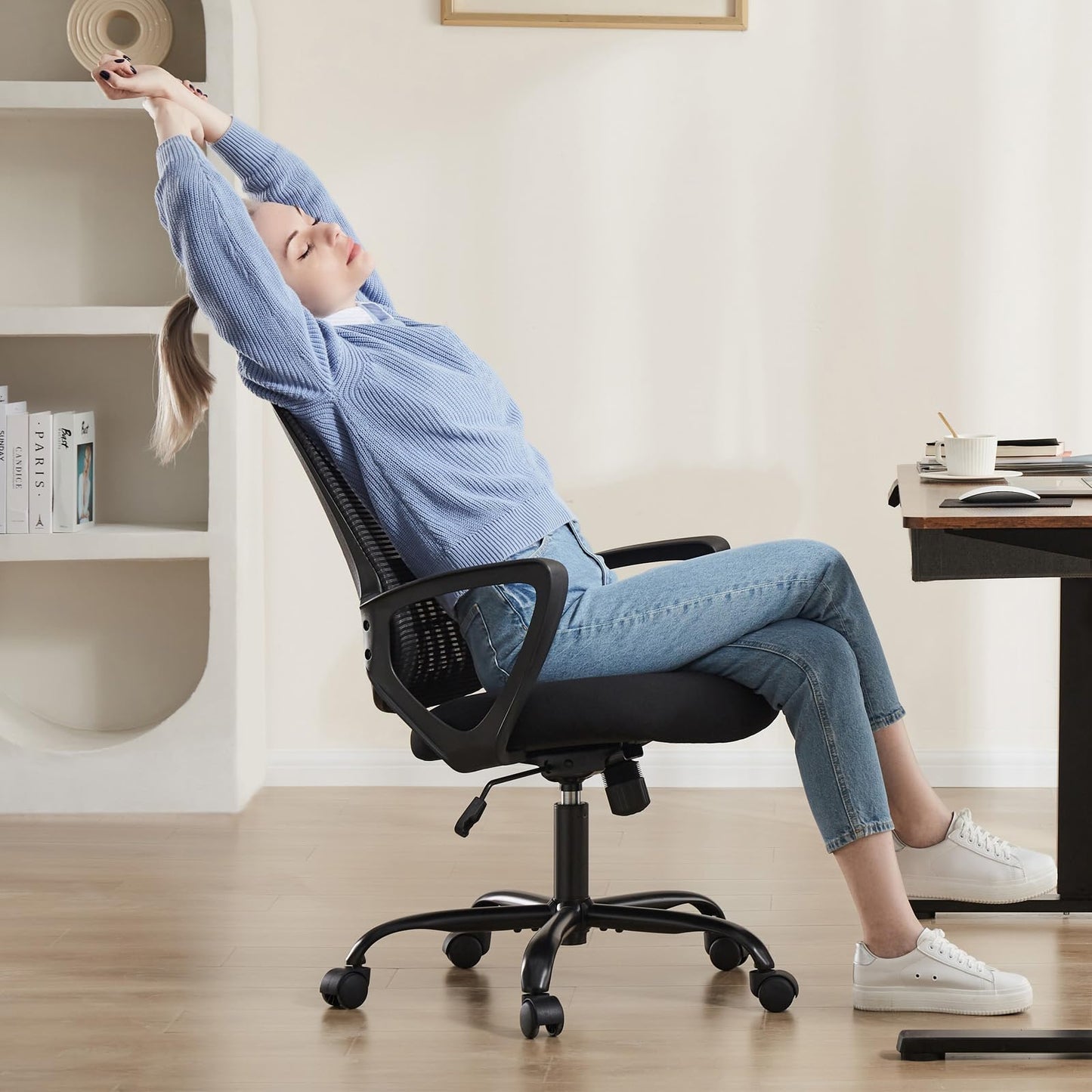 OLIXIS Home Office Chair, Mid Back Computer Ergonomic Mesh Desk with Large Seat, Executive Height Adjustable Swivel Task with Lumbar Support and Armrest, for Adults, Black