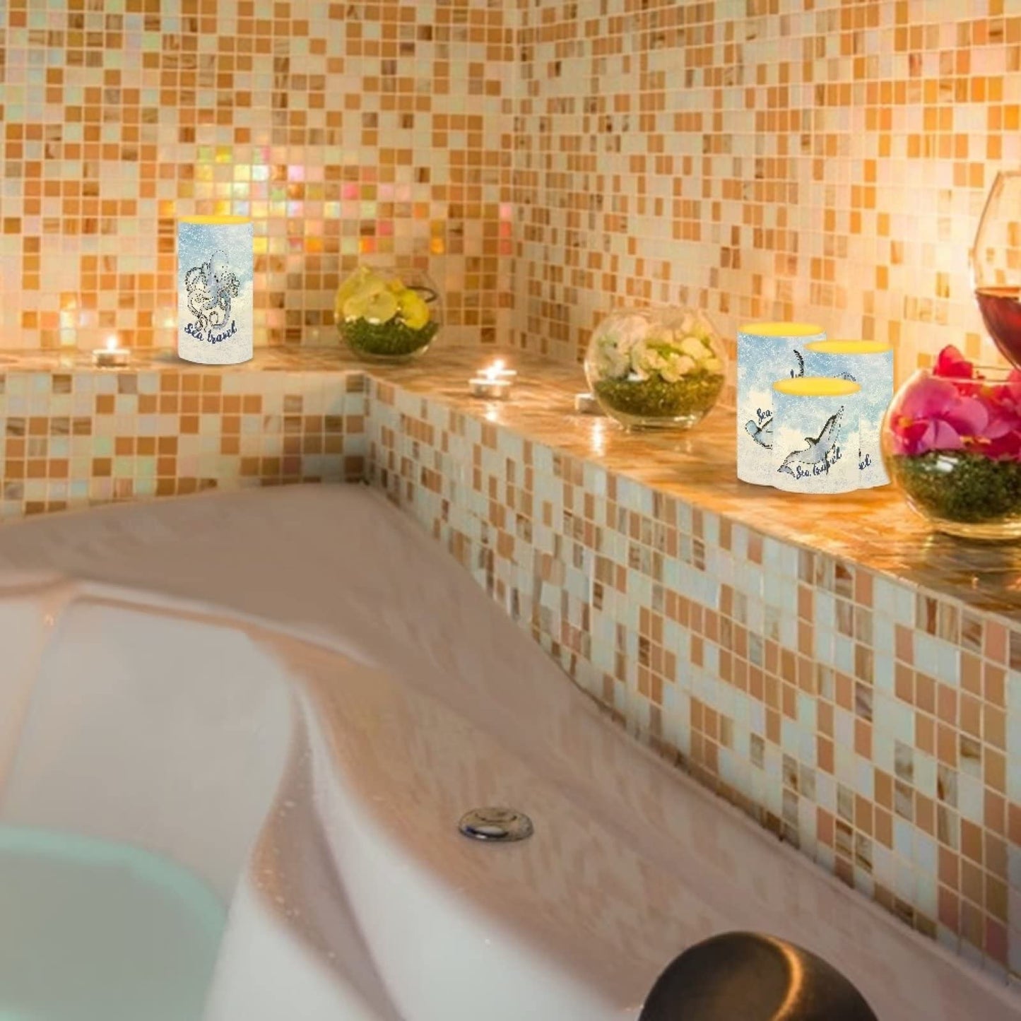 Cozeyat Flameless Tealights 4 Pieces,Sea Travel Pattern Electric Tea Lights in Warm Yellow,Flickering Wax Moving Votive Candles with Remote Control,Daily Use