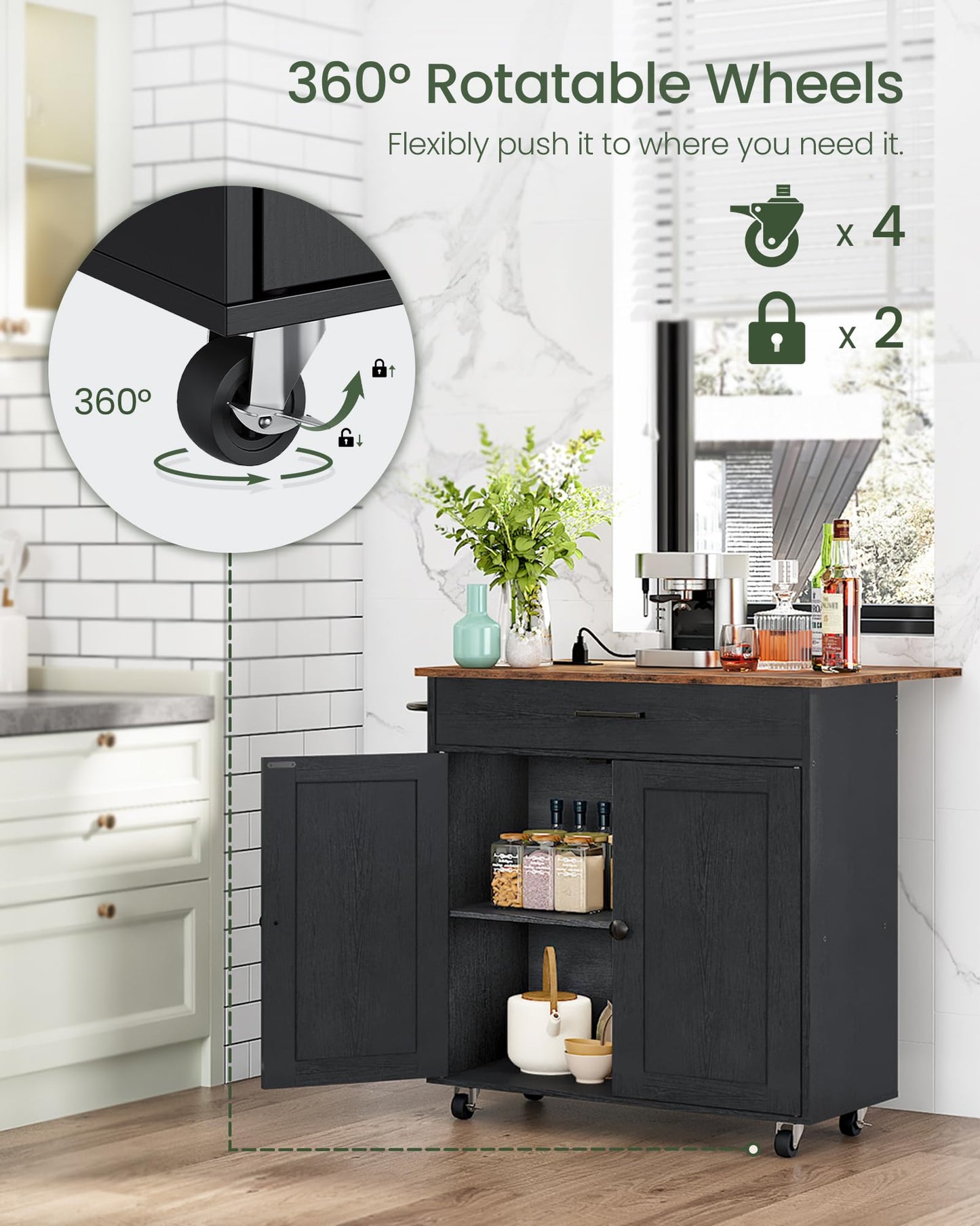 CHOEZON Kitchen Island, Kitchen Island Cart with One Double Cabinet and Drawer, Rolling Storage Cart with Power Strip, with Drop Leaf, for Kitchen, Living Room, Black and Rustic Brown MZD01UBFN1