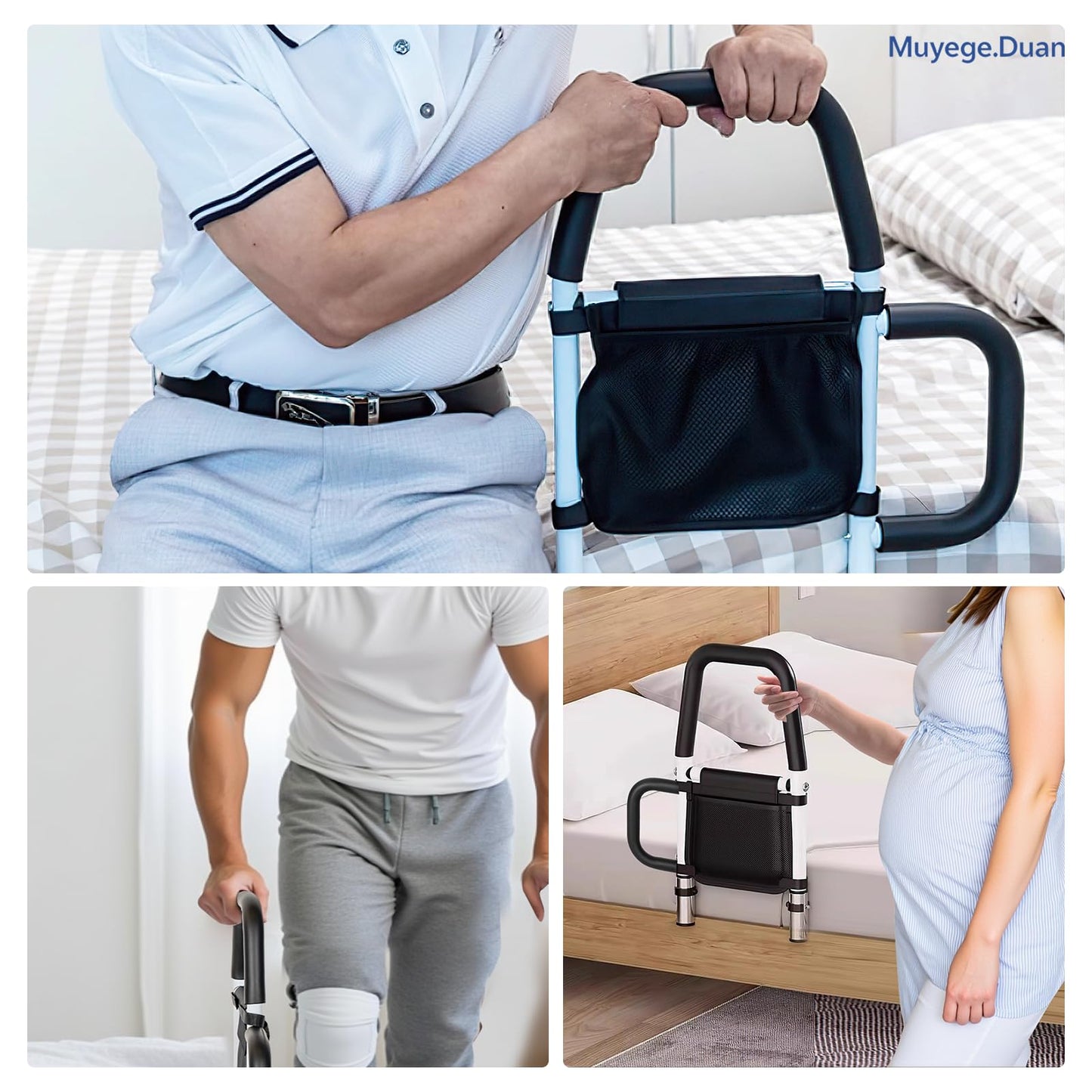 Muyege.Duan Bed Rail for Elderly Adults – Adjustable Bed Assist Handle with Non-Slip Foam Grip, Storage Pocket & Safety Strap Tool-Free Installation Bedside Rail for Seniors, Injured or Pregnant Users